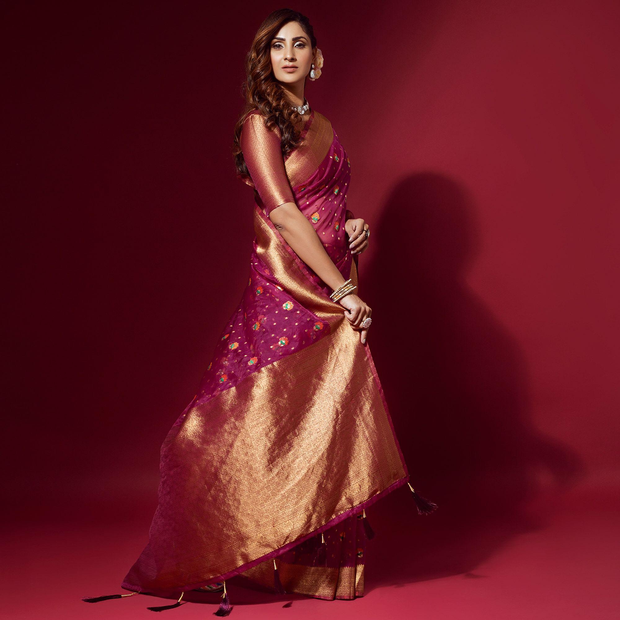 Pink Woven Organza Saree With Tassels - Peachmode