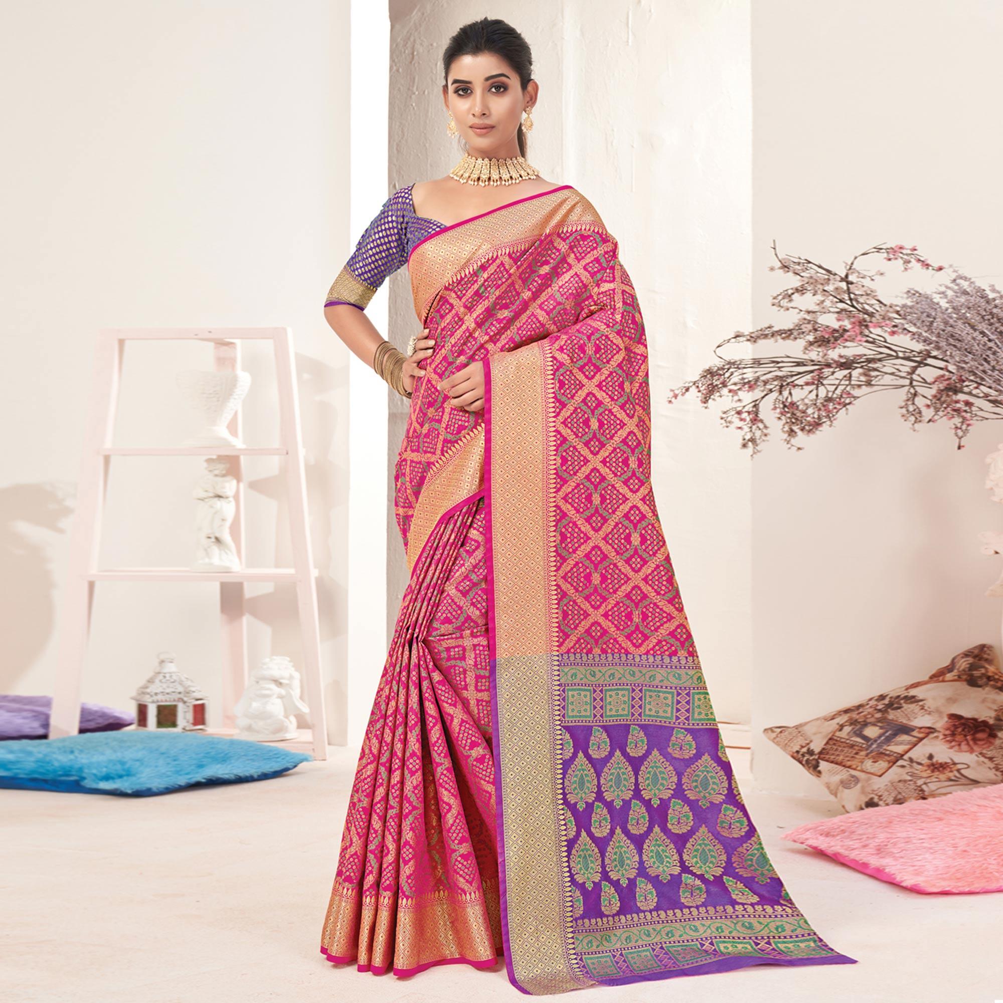 Pink Woven Patola Art Silk Saree - Peachmode