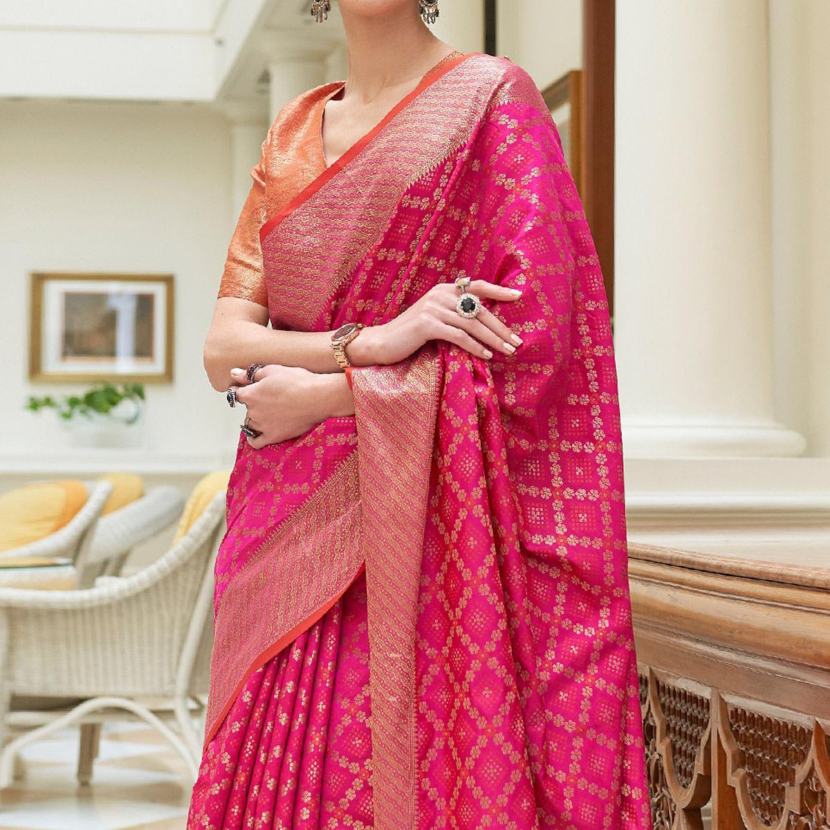 Pink Woven Patola Banarasi Silk Saree - Peachmode