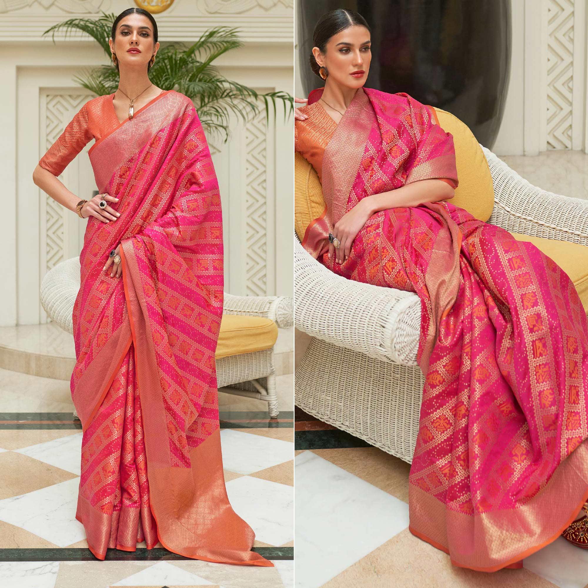 Pink Woven Patola Silk Saree - Peachmode