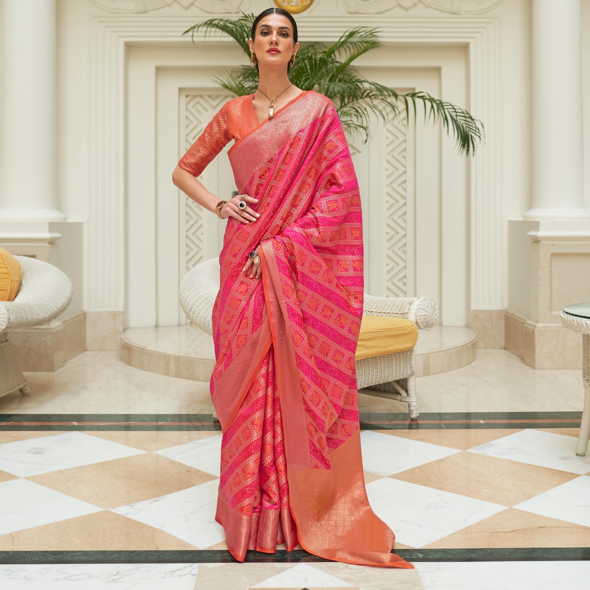 Pink Woven Patola Silk Saree - Peachmode