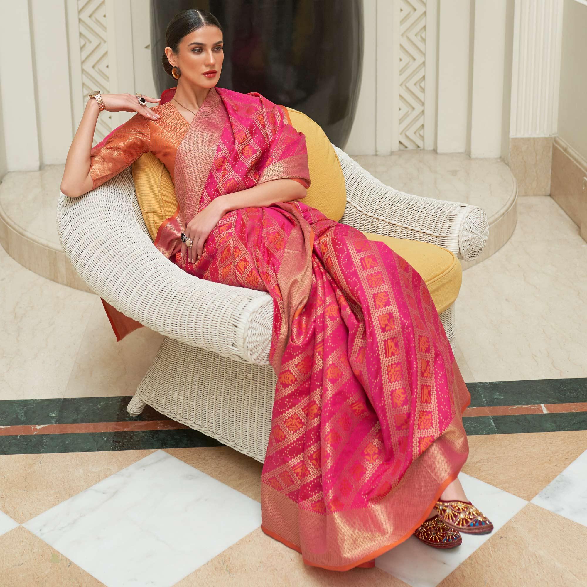 Pink Woven Patola Silk Saree - Peachmode