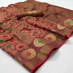 Pink Woven Poly Cotton Saree - Peachmode