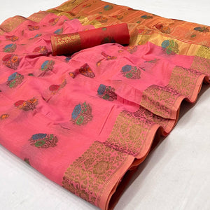 Pink Woven Poly Cotton Saree - Peachmode