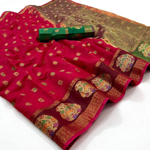 Pink Woven Poly Cotton Saree - Peachmode