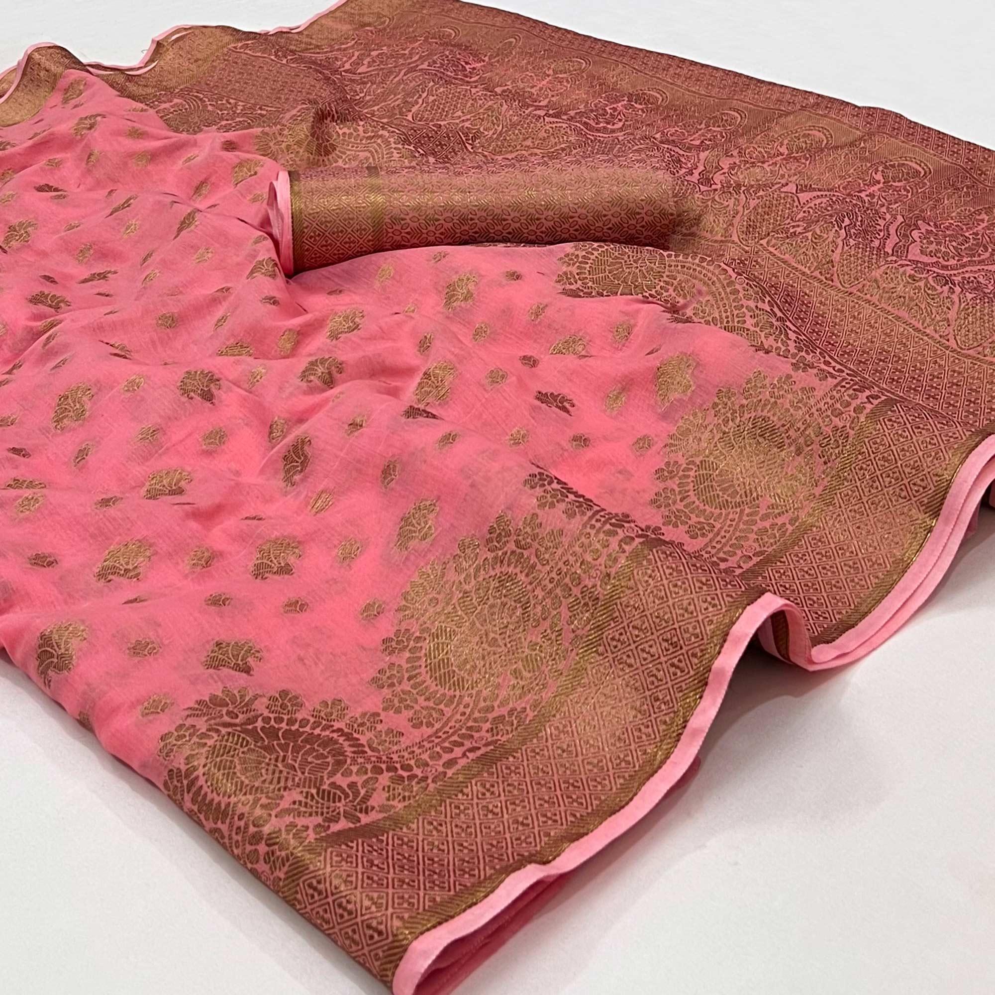 Pink Woven Poly Cotton Saree - Peachmode