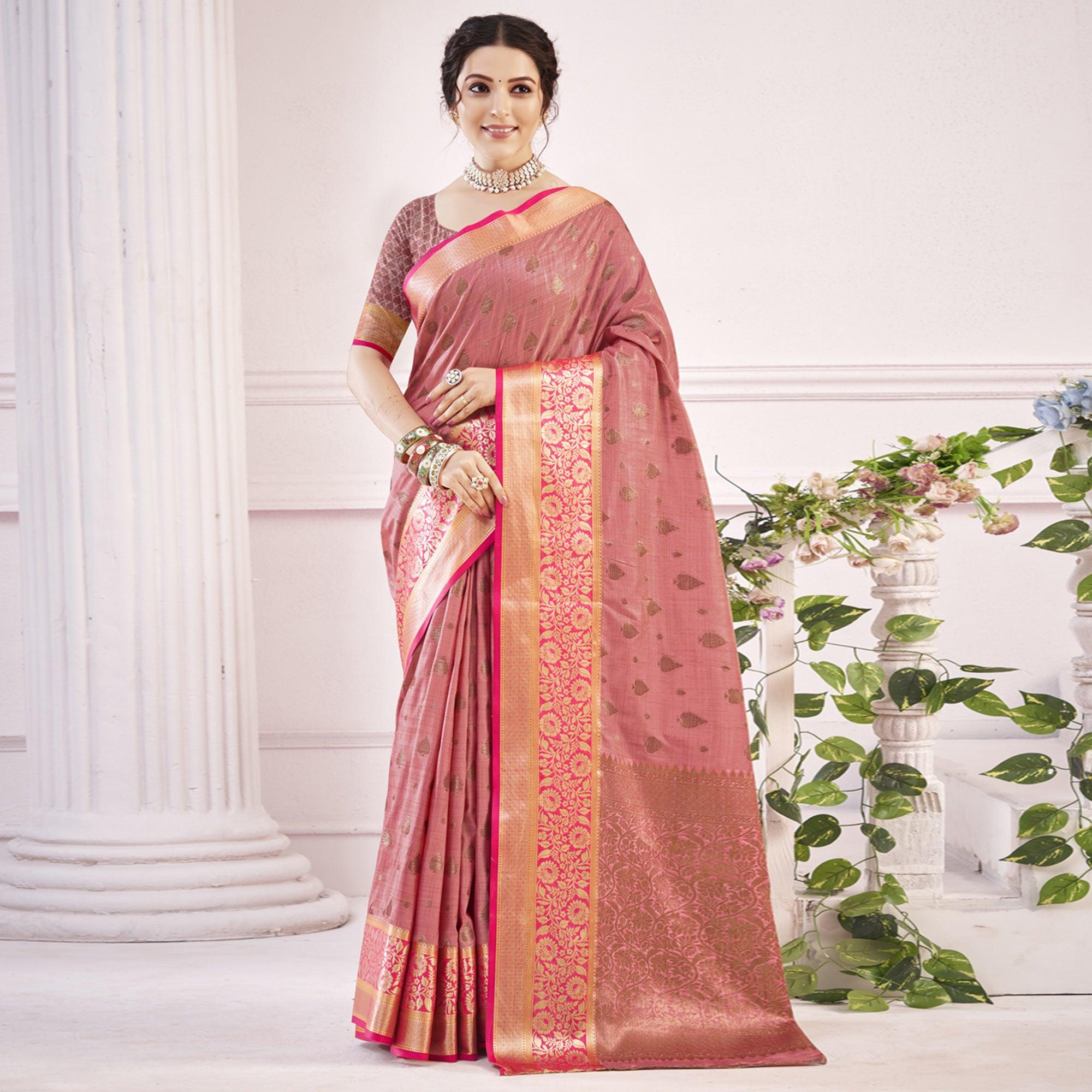 Pink Woven Poly Cotton Saree - Peachmode