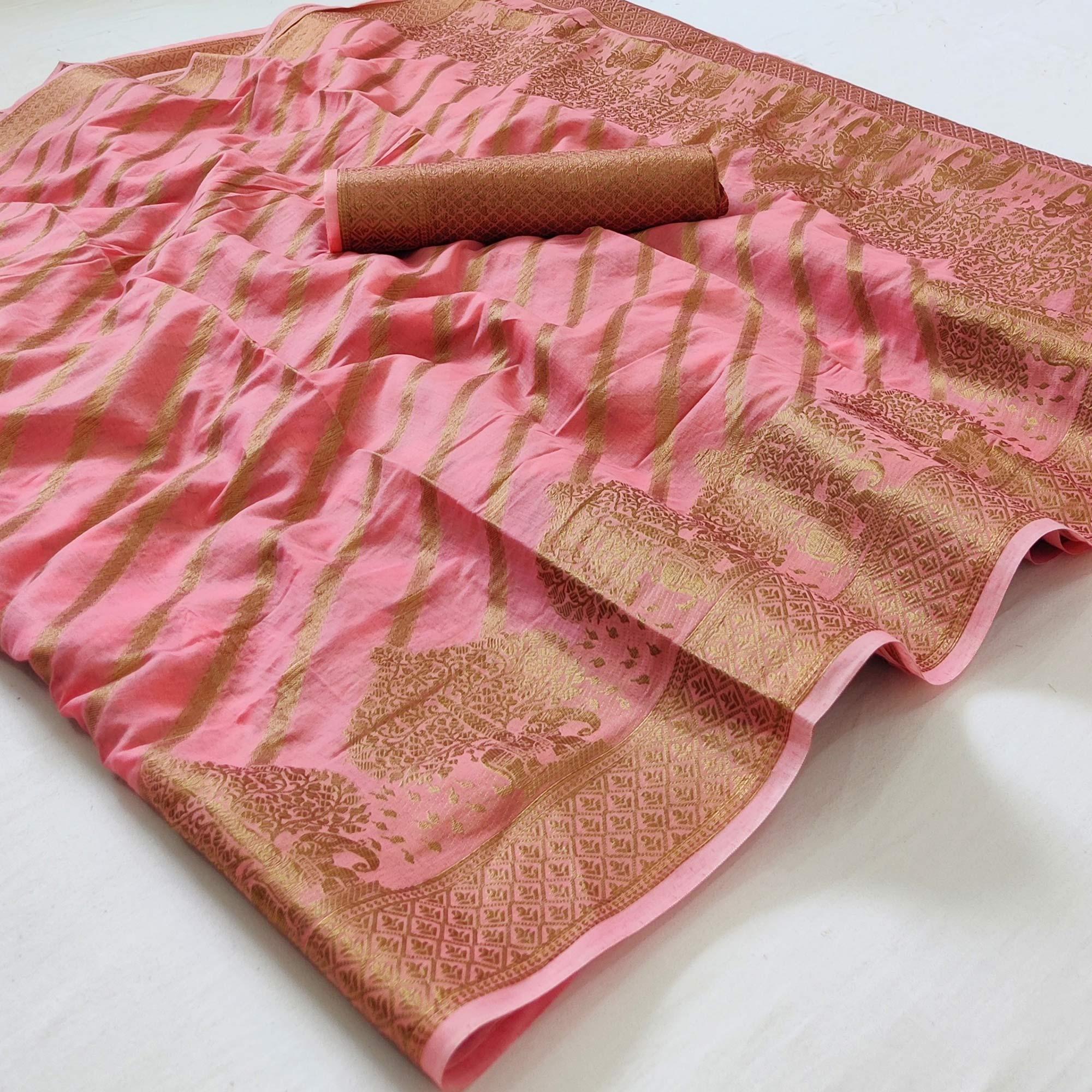 Pink Woven Poly Cotton Saree - Peachmode