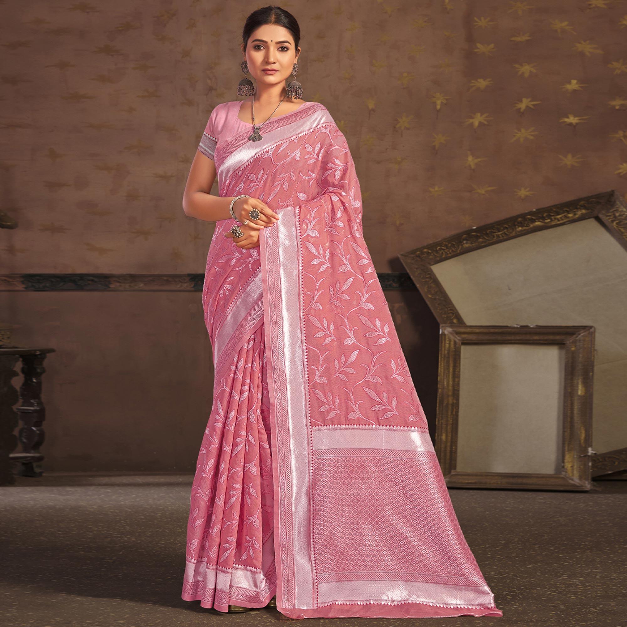 Pink Woven Poly Cotton Saree - Peachmode