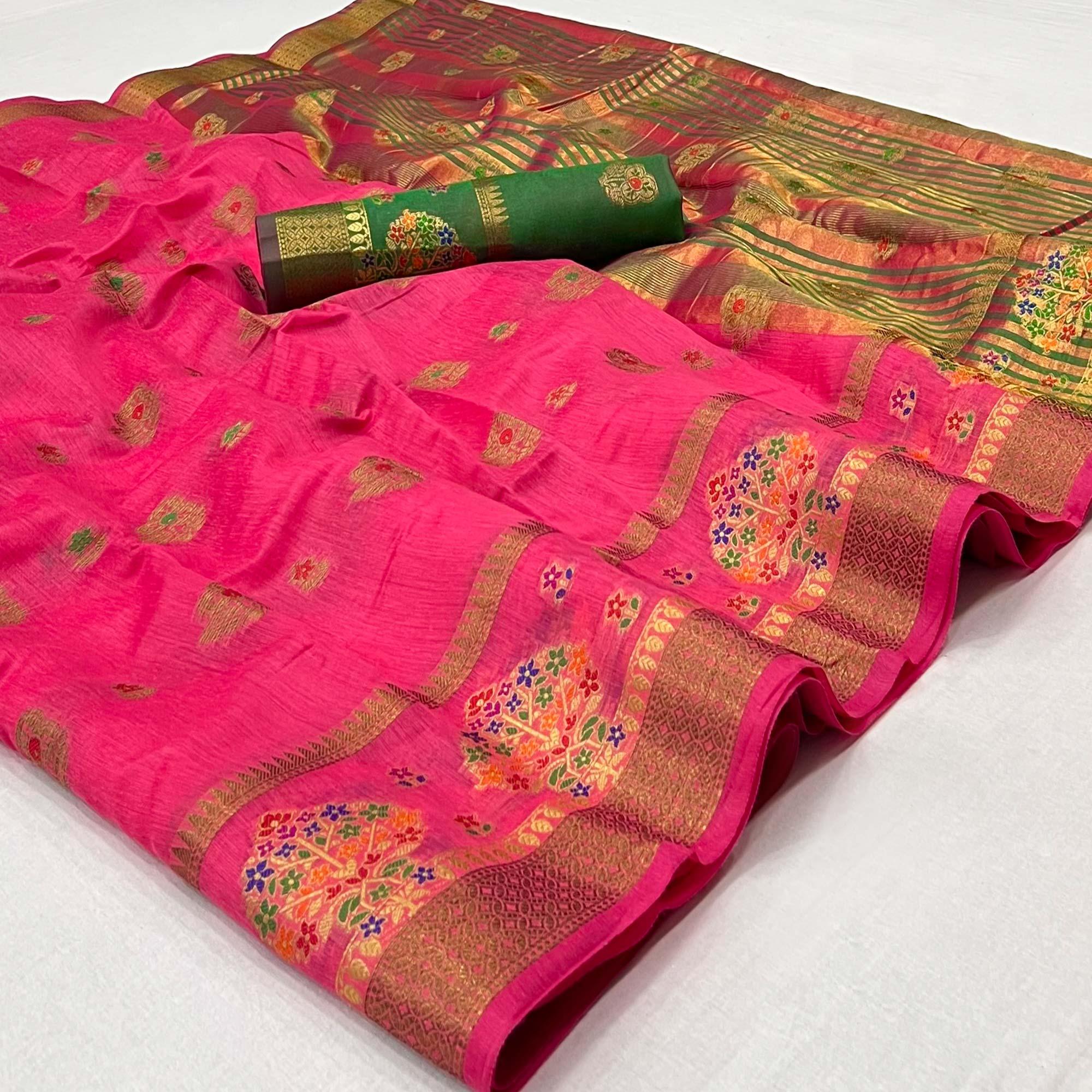 Pink Woven Poly Cotton Saree - Peachmode