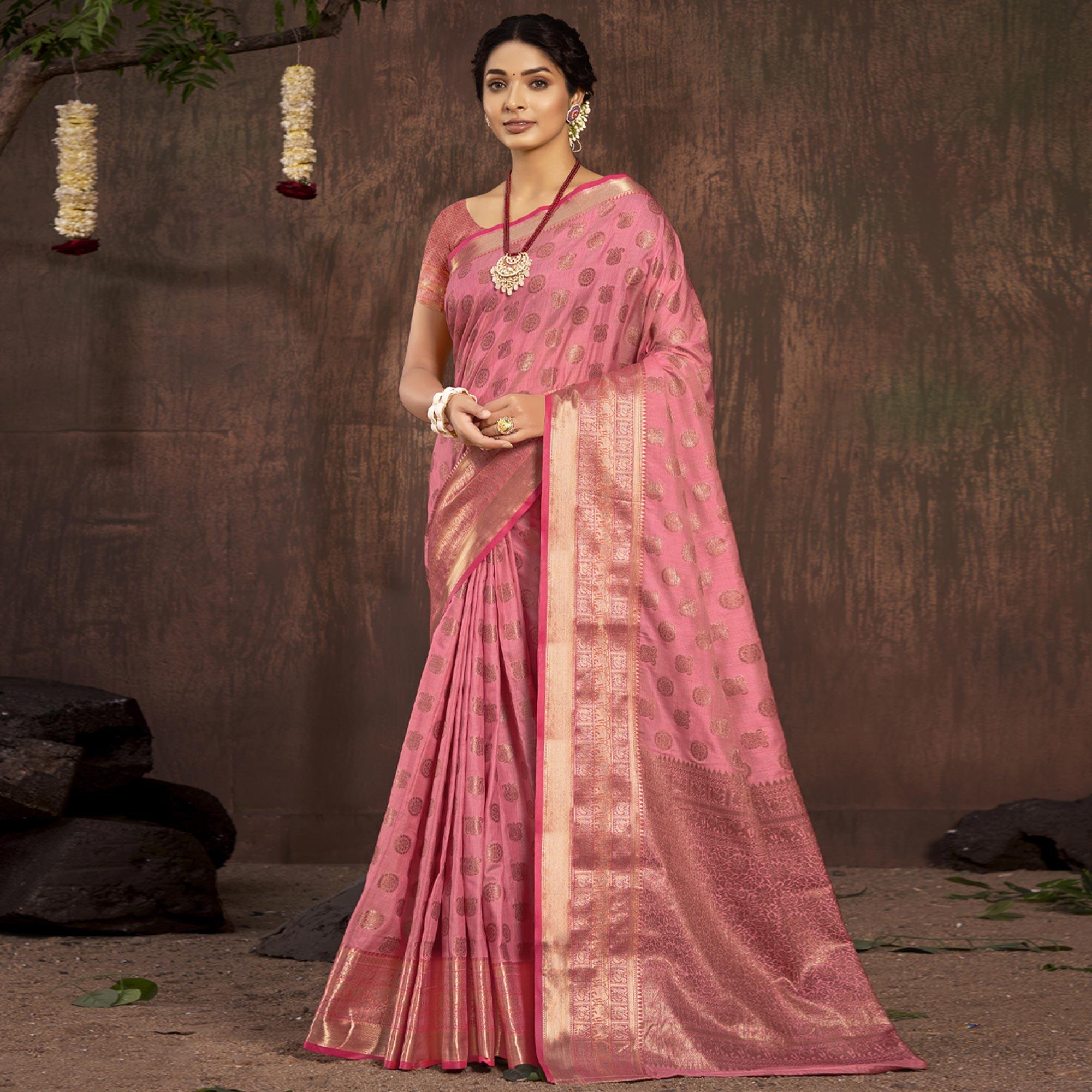 Pink Woven Poly Cotton Saree - Peachmode