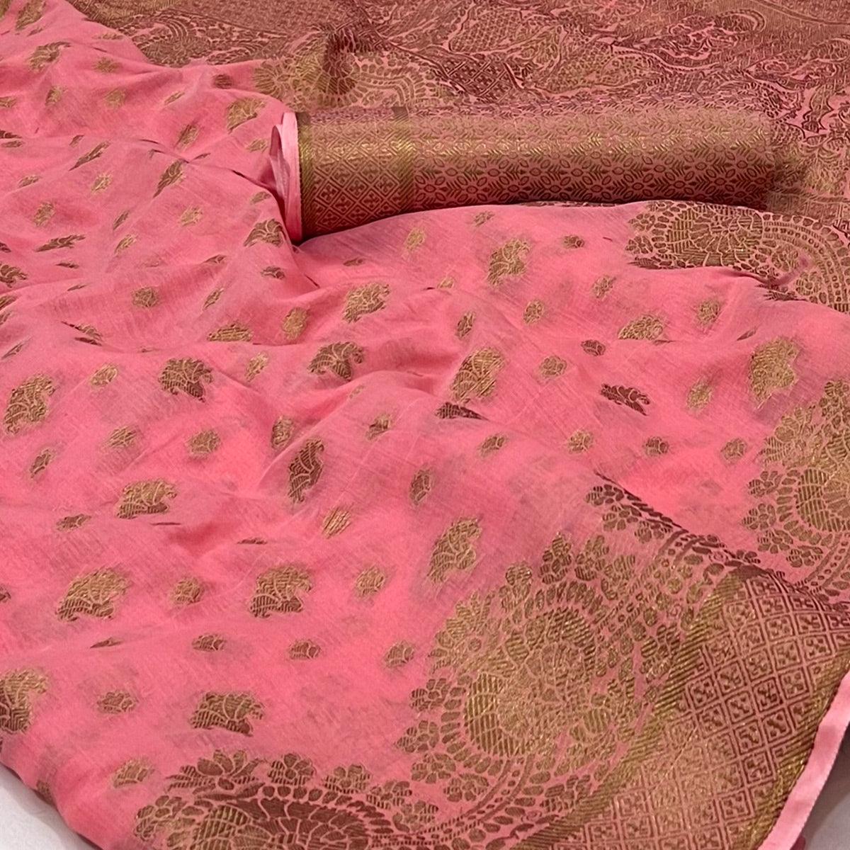 Pink Woven Poly Cotton Saree - Peachmode
