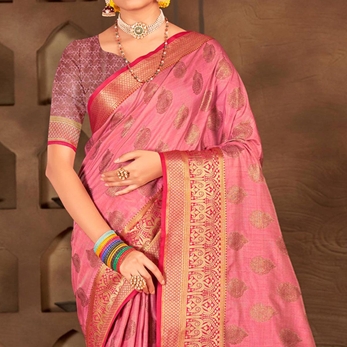 Pink Woven Poly Cotton Saree - Peachmode