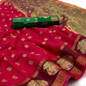 Pink Woven Poly Cotton Saree - Peachmode
