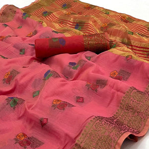 Pink Woven Poly Cotton Saree - Peachmode