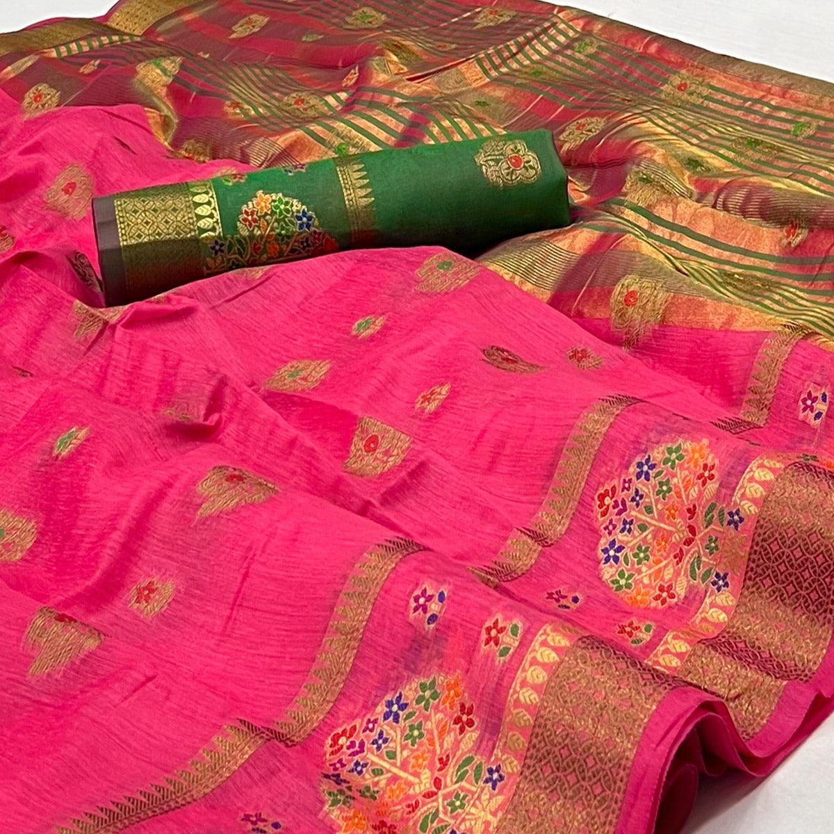 Pink Woven Poly Cotton Saree - Peachmode
