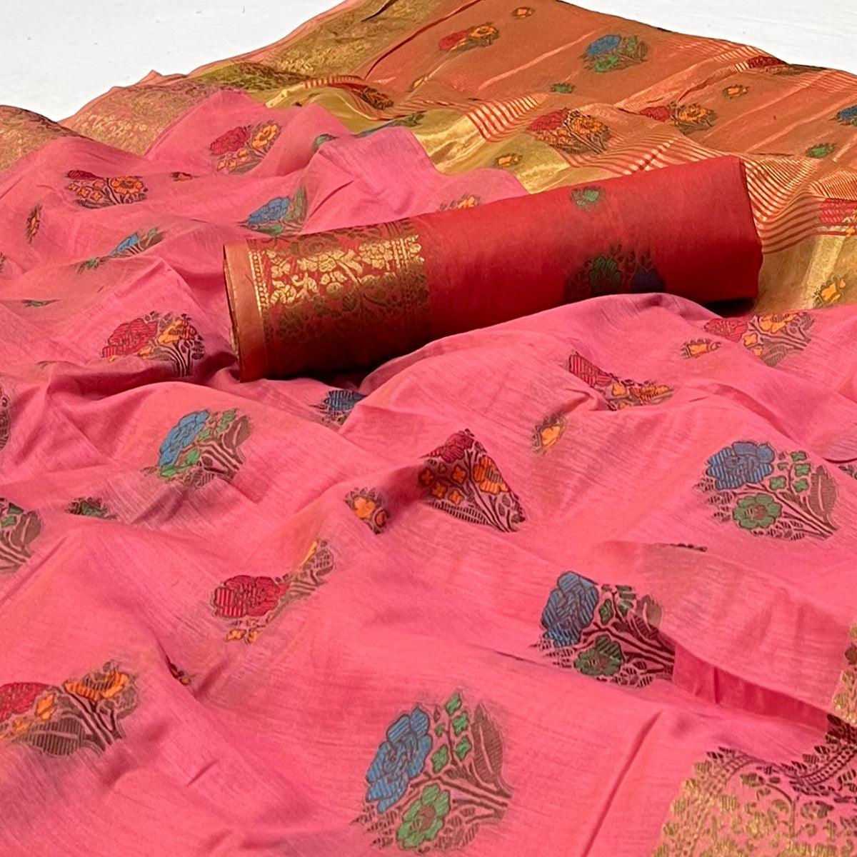 Pink Woven Poly Cotton Saree - Peachmode