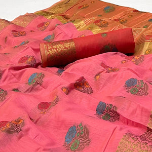 Pink Woven Poly Cotton Saree - Peachmode