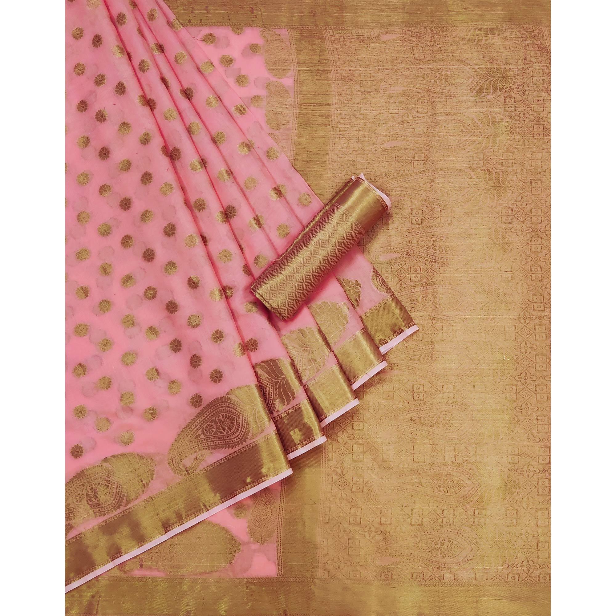 Pink Woven Poly Cotton Saree - Peachmode