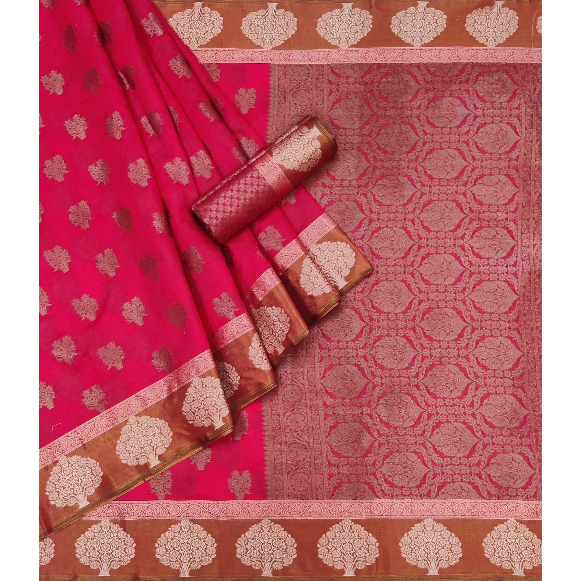 Pink Woven Poly Cotton Saree - Peachmode