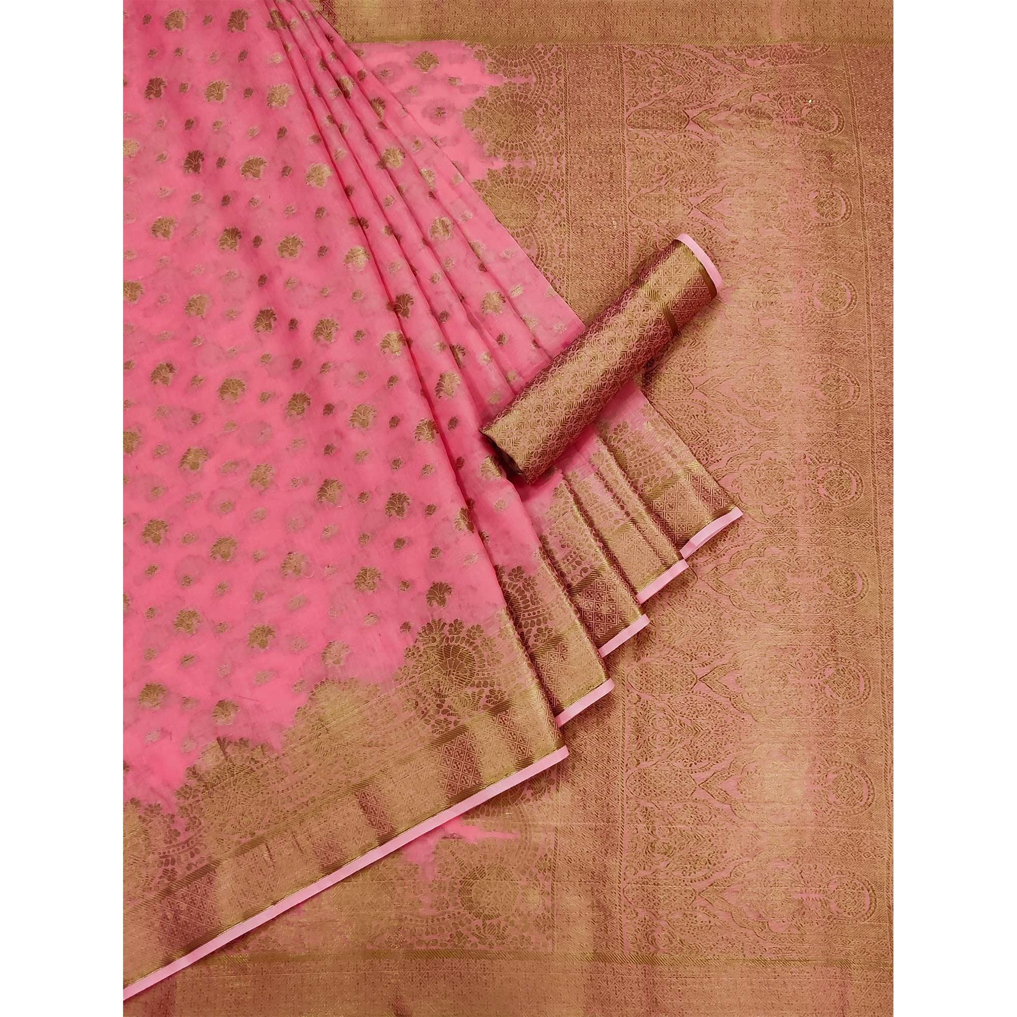 Pink Woven Poly Cotton Saree - Peachmode