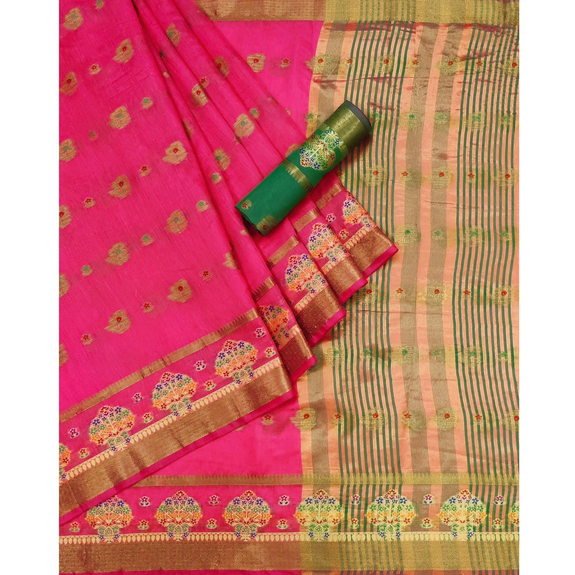 Pink Woven Poly Cotton Saree - Peachmode