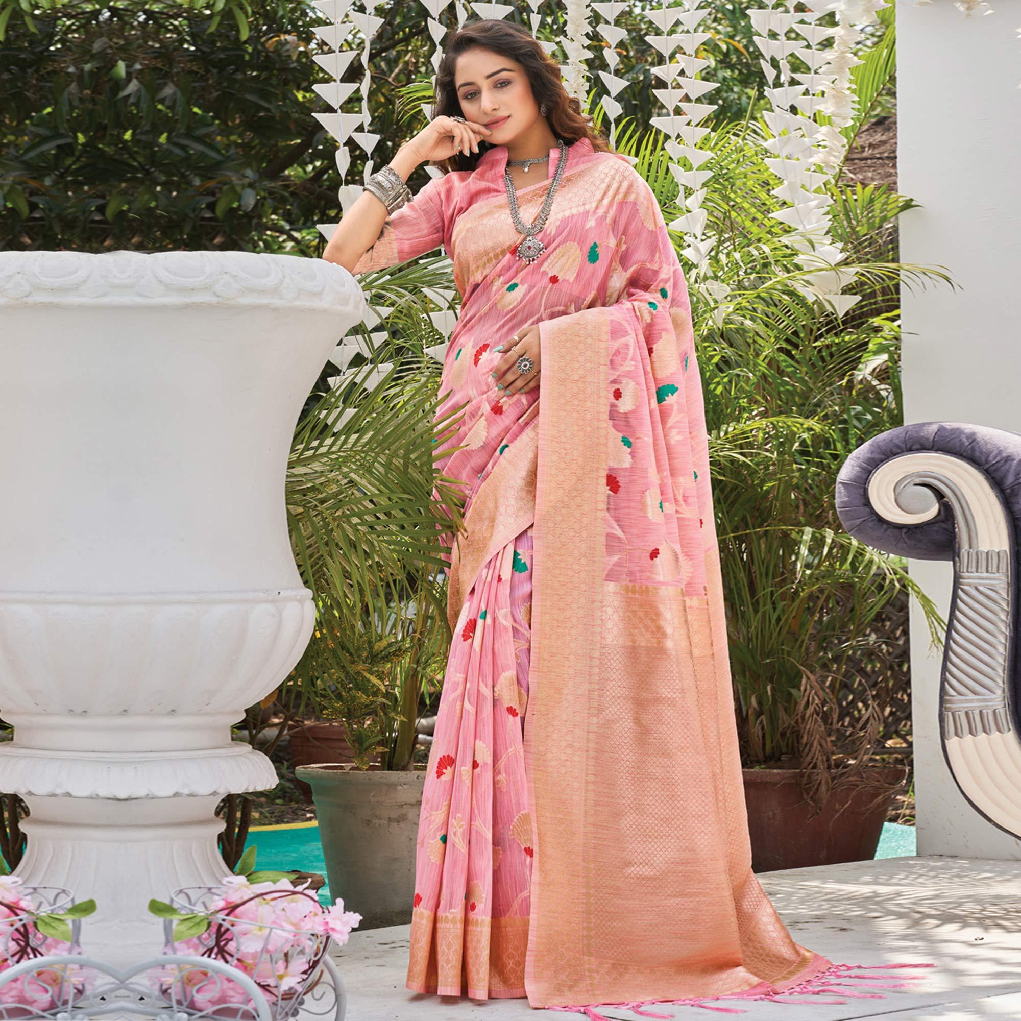 Pink Woven Poly Cotton Saree With Tassels - Peachmode