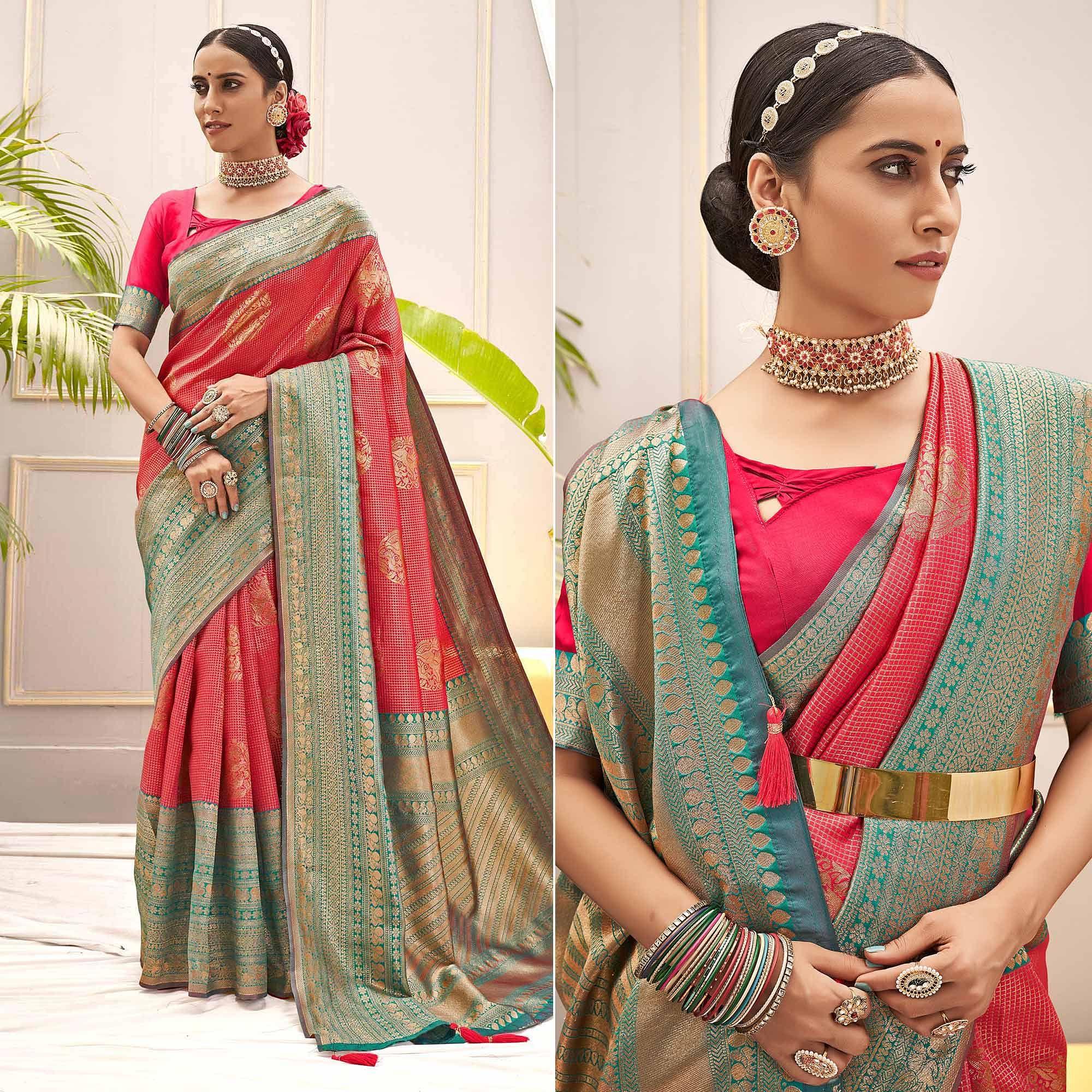 Pink Woven Pure Silk Saree With Tassels - Peachmode