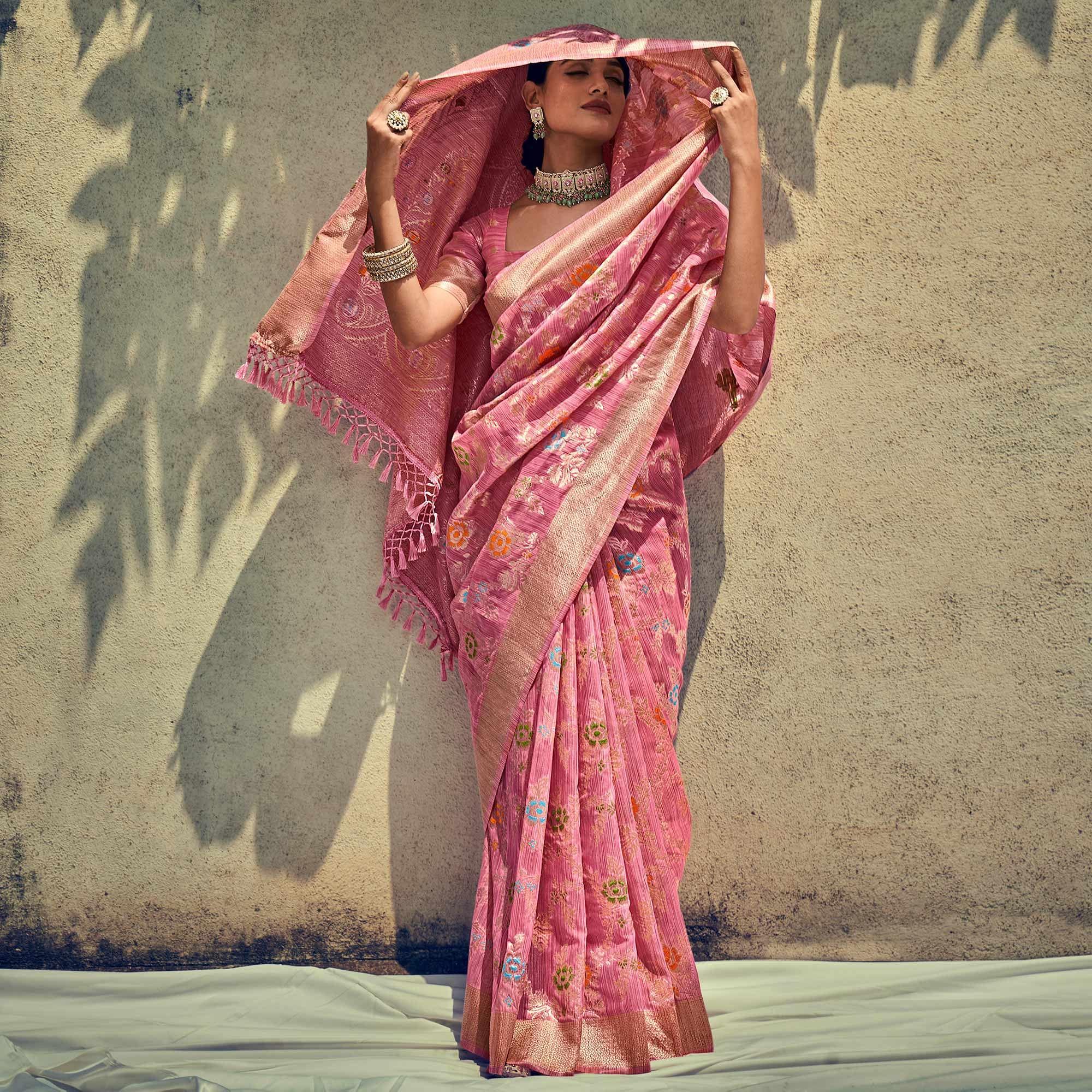 Pink Woven Pure Silk Saree With Tassels - Peachmode
