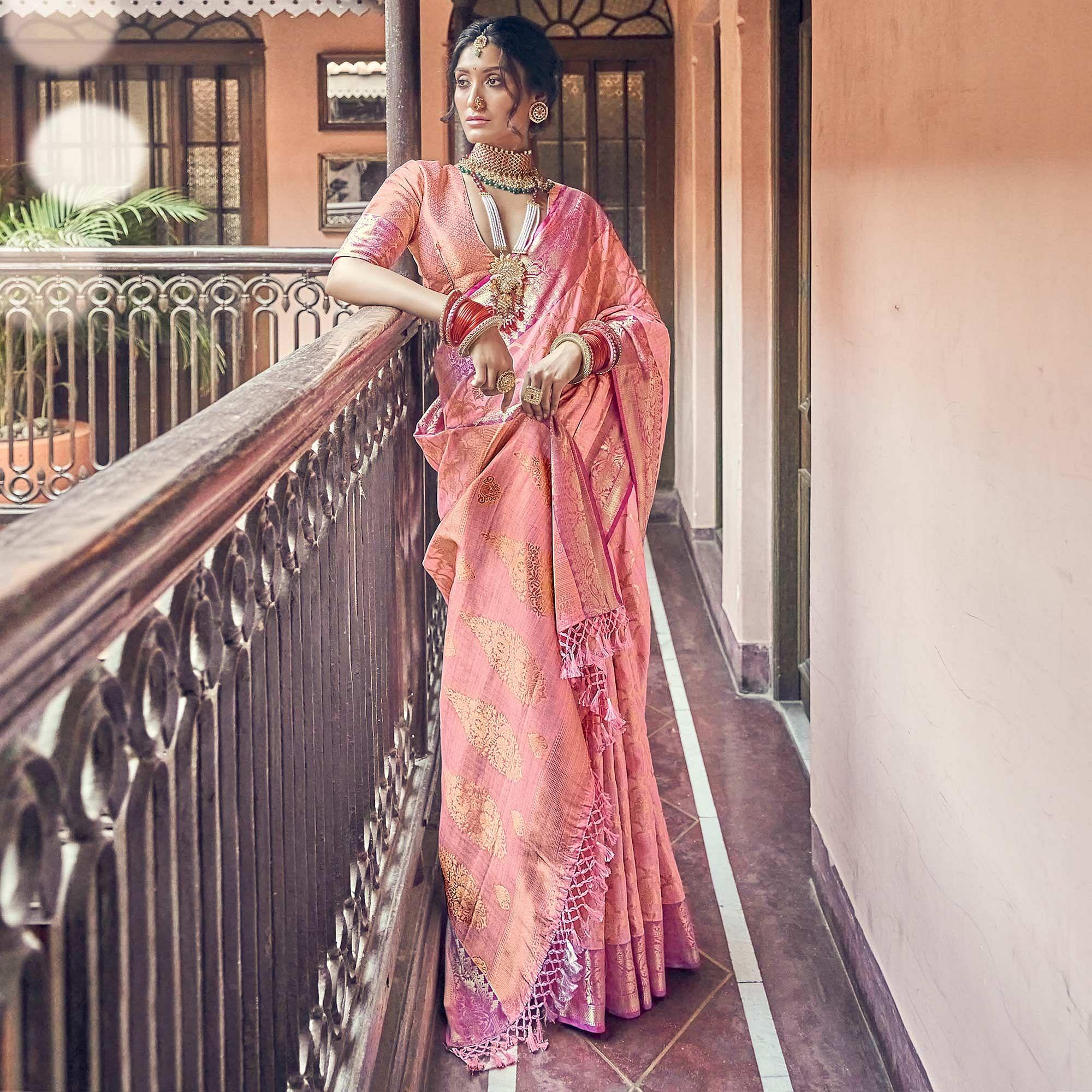 Pink Woven Pure Silk Saree With Tassels - Peachmode
