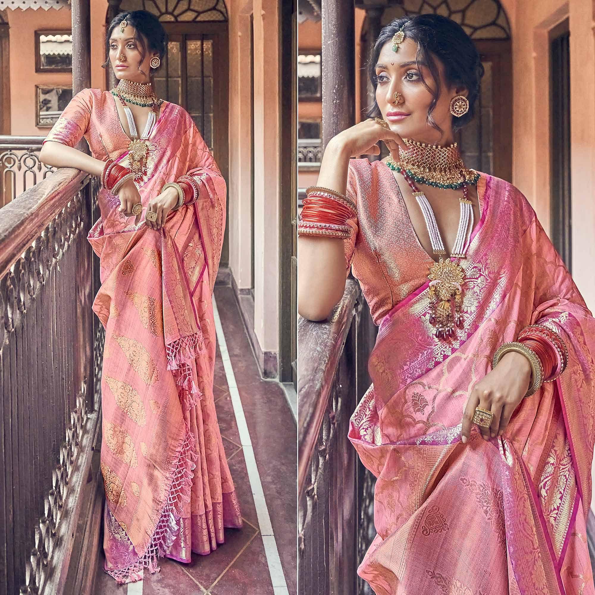 Pink Woven Pure Silk Saree With Tassels - Peachmode