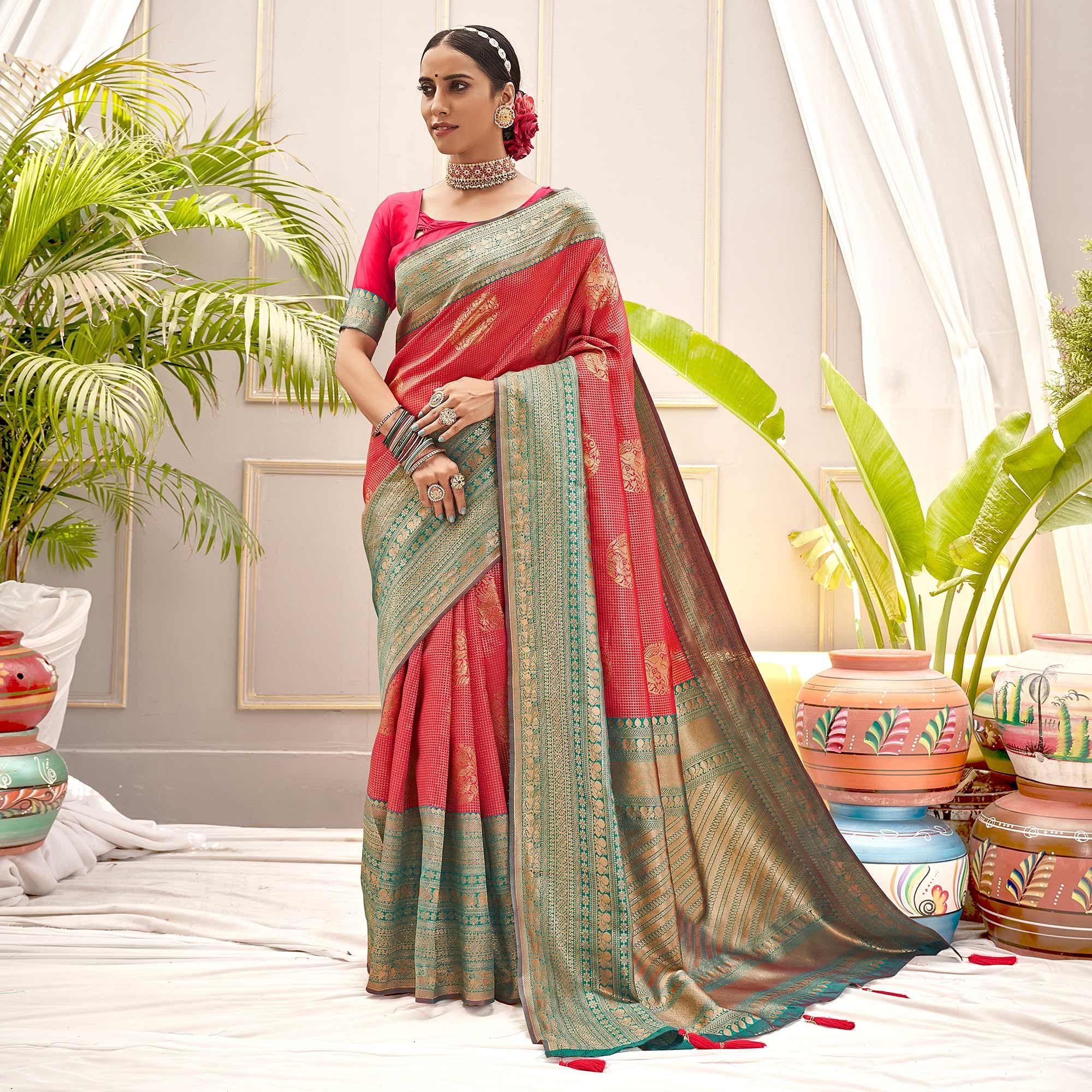 Pink Woven Pure Silk Saree With Tassels - Peachmode
