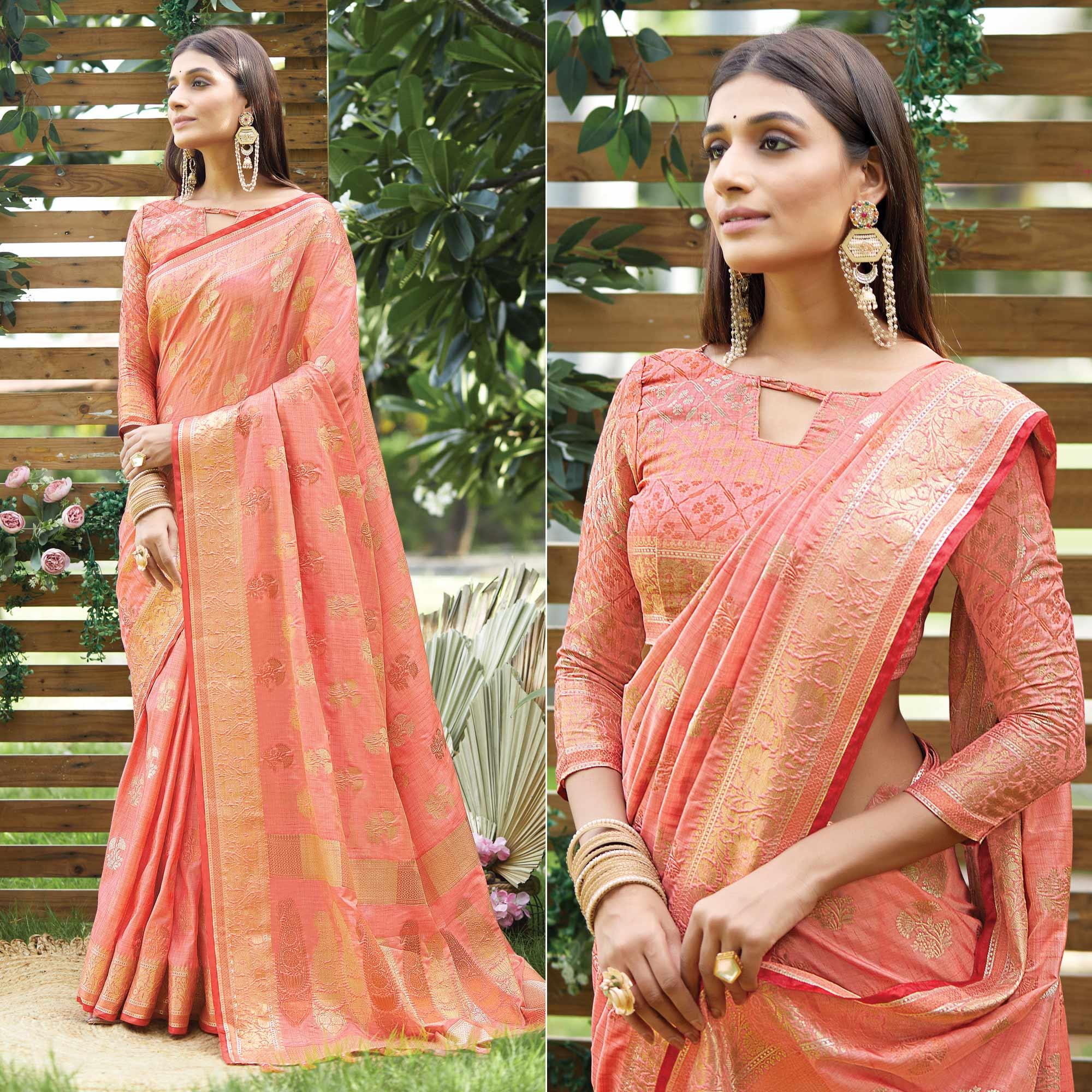 Pink Woven Raw Silk Saree With Tassels - Peachmode