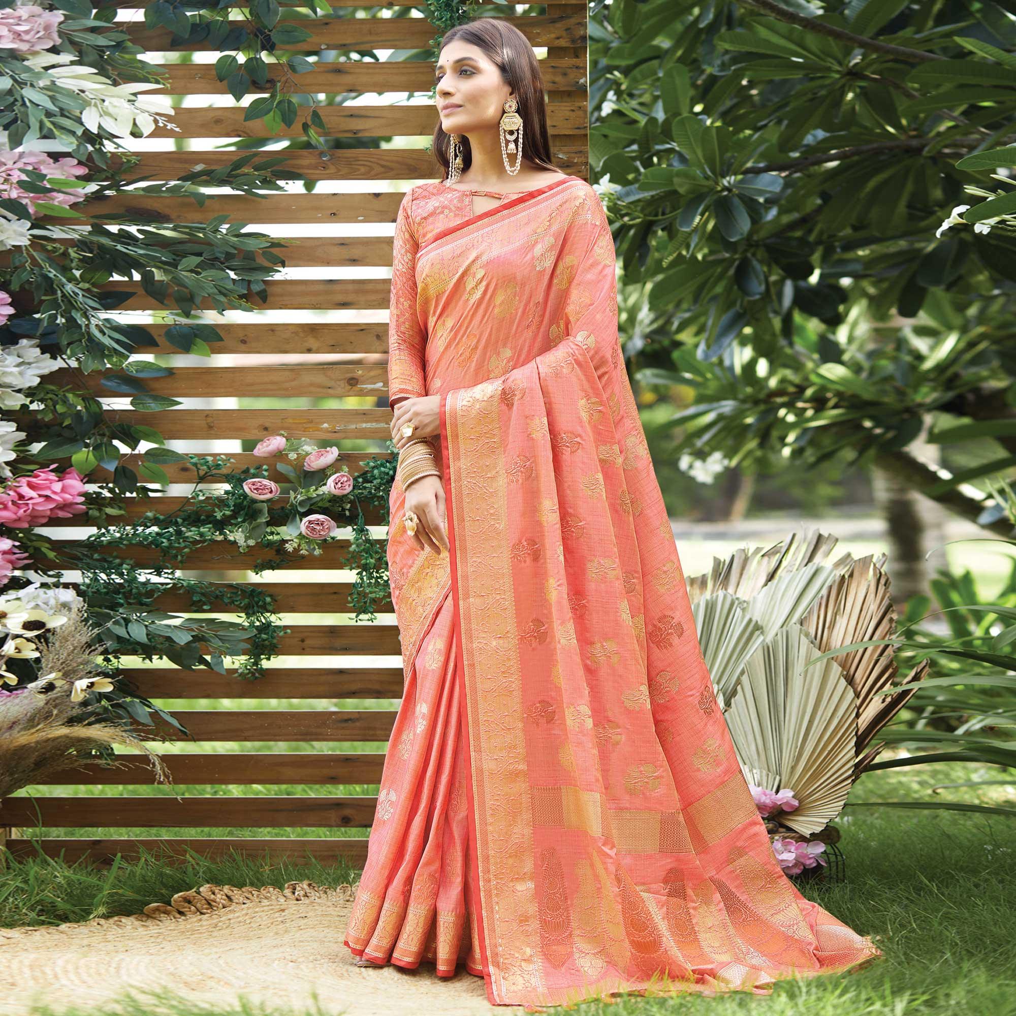 Pink Woven Raw Silk Saree With Tassels - Peachmode