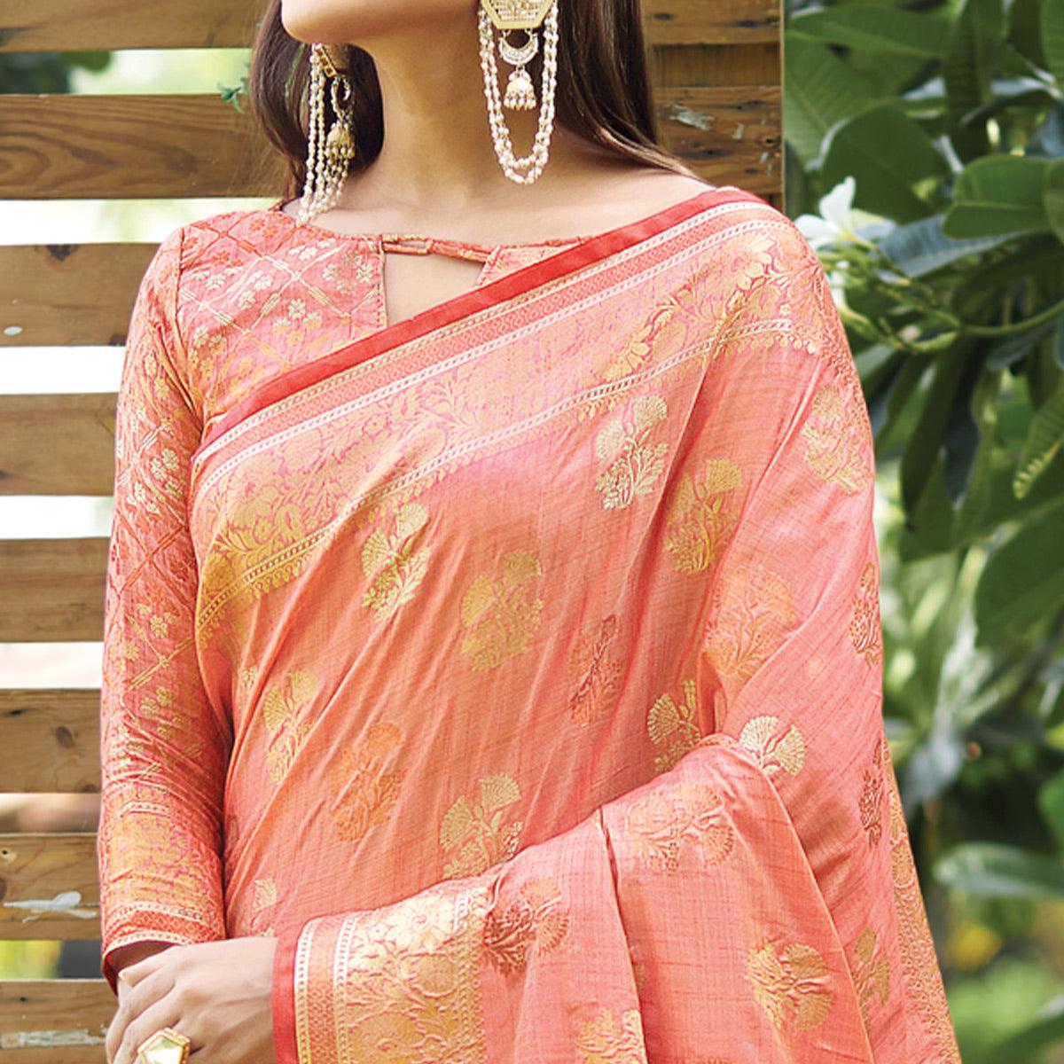 Pink Woven Raw Silk Saree With Tassels - Peachmode