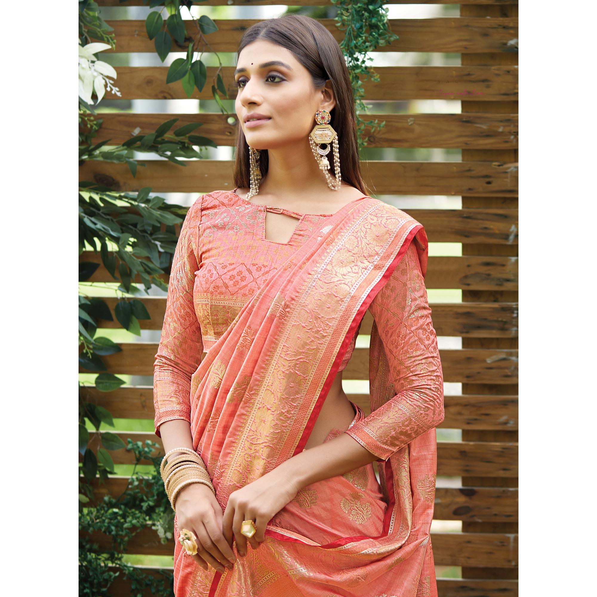Pink Woven Raw Silk Saree With Tassels - Peachmode