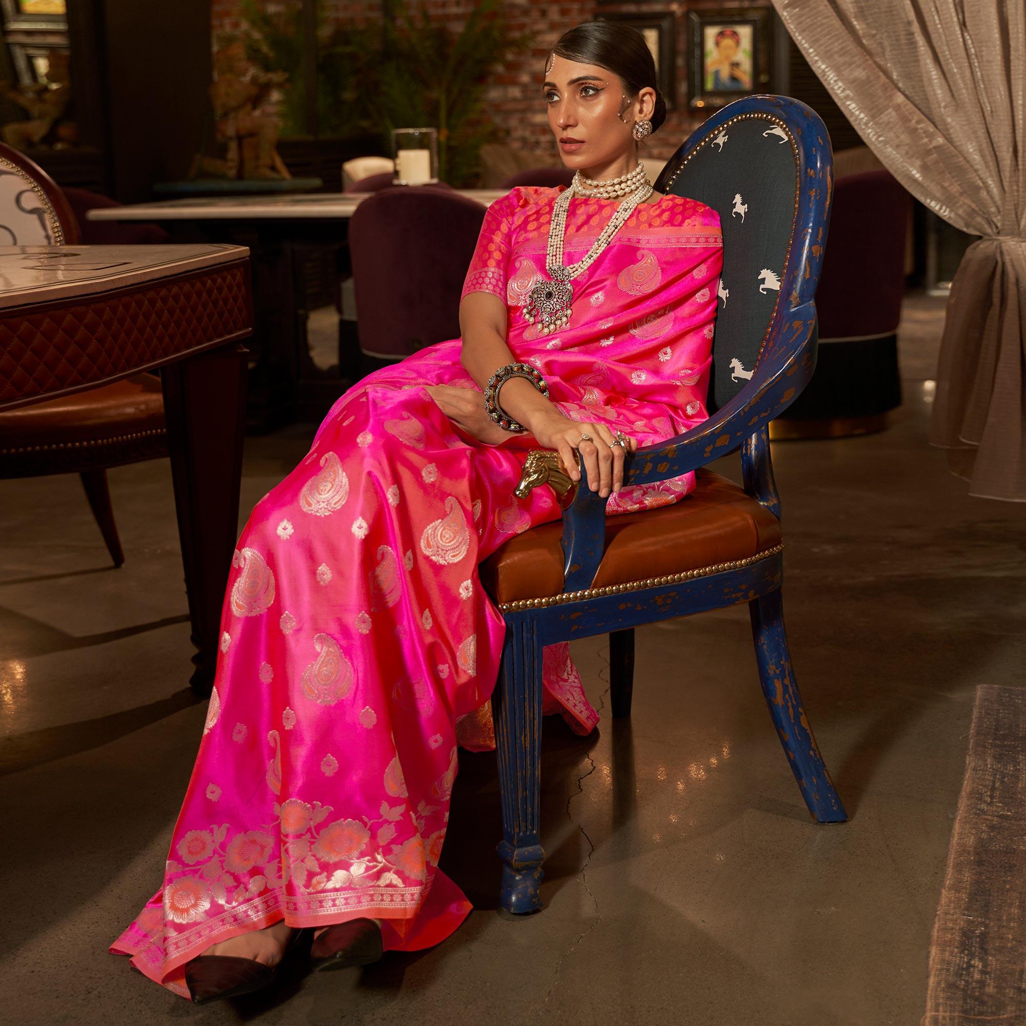 Pink Woven Satin Saree With Tassels - Peachmode