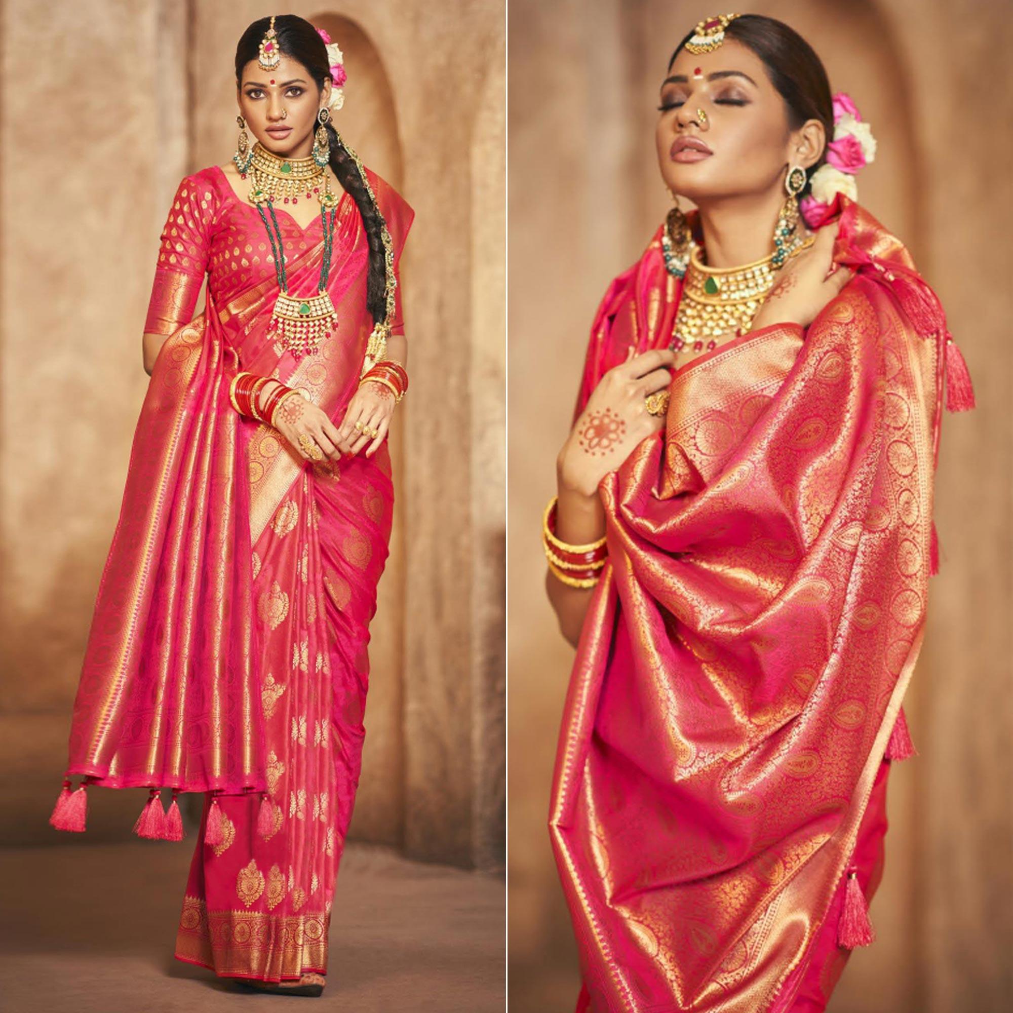 Pink Woven Silk Saree With Tassels - Peachmode