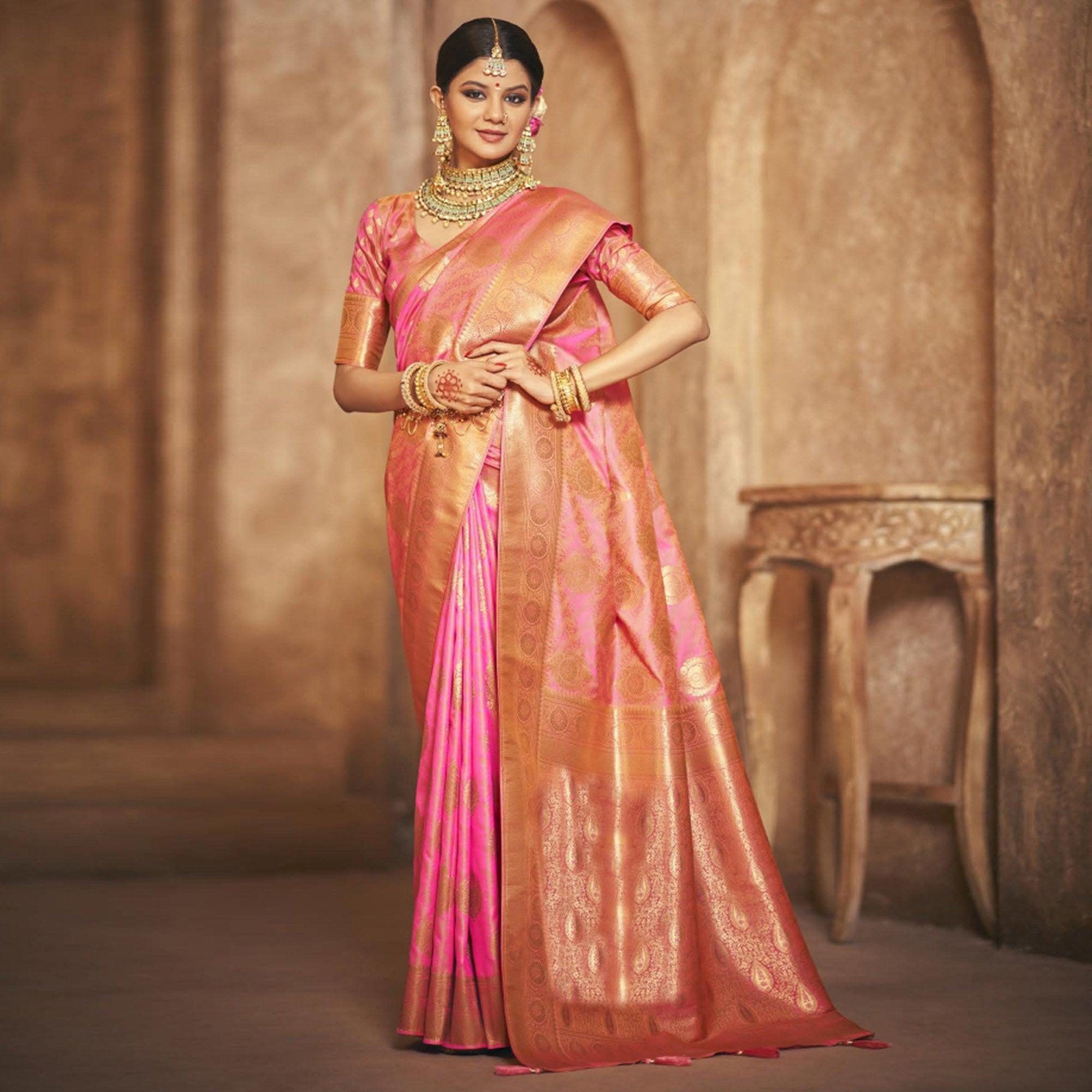 Pink Woven Silk Saree With Tassels - Peachmode