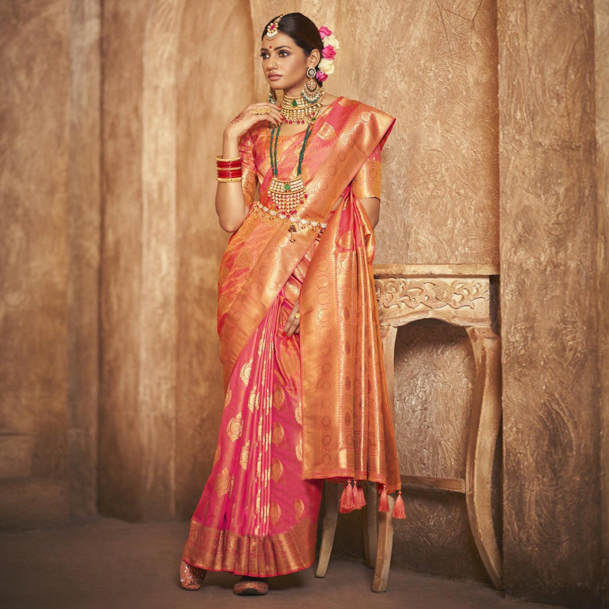 Pink Woven Silk Saree With Tassels - Peachmode