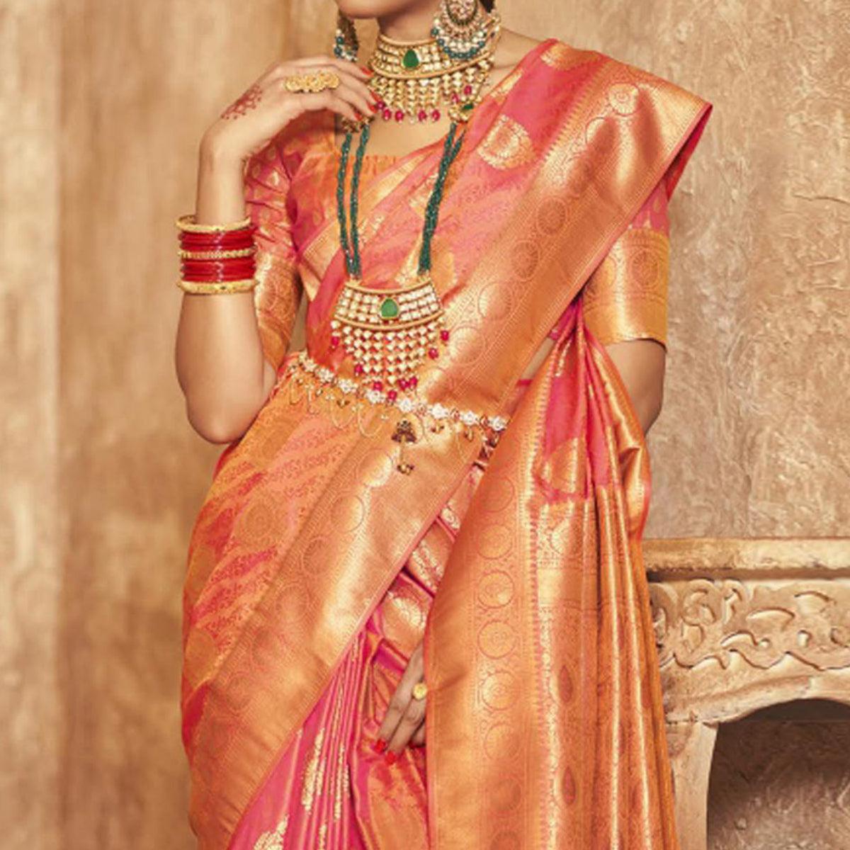 Pink Woven Silk Saree With Tassels - Peachmode