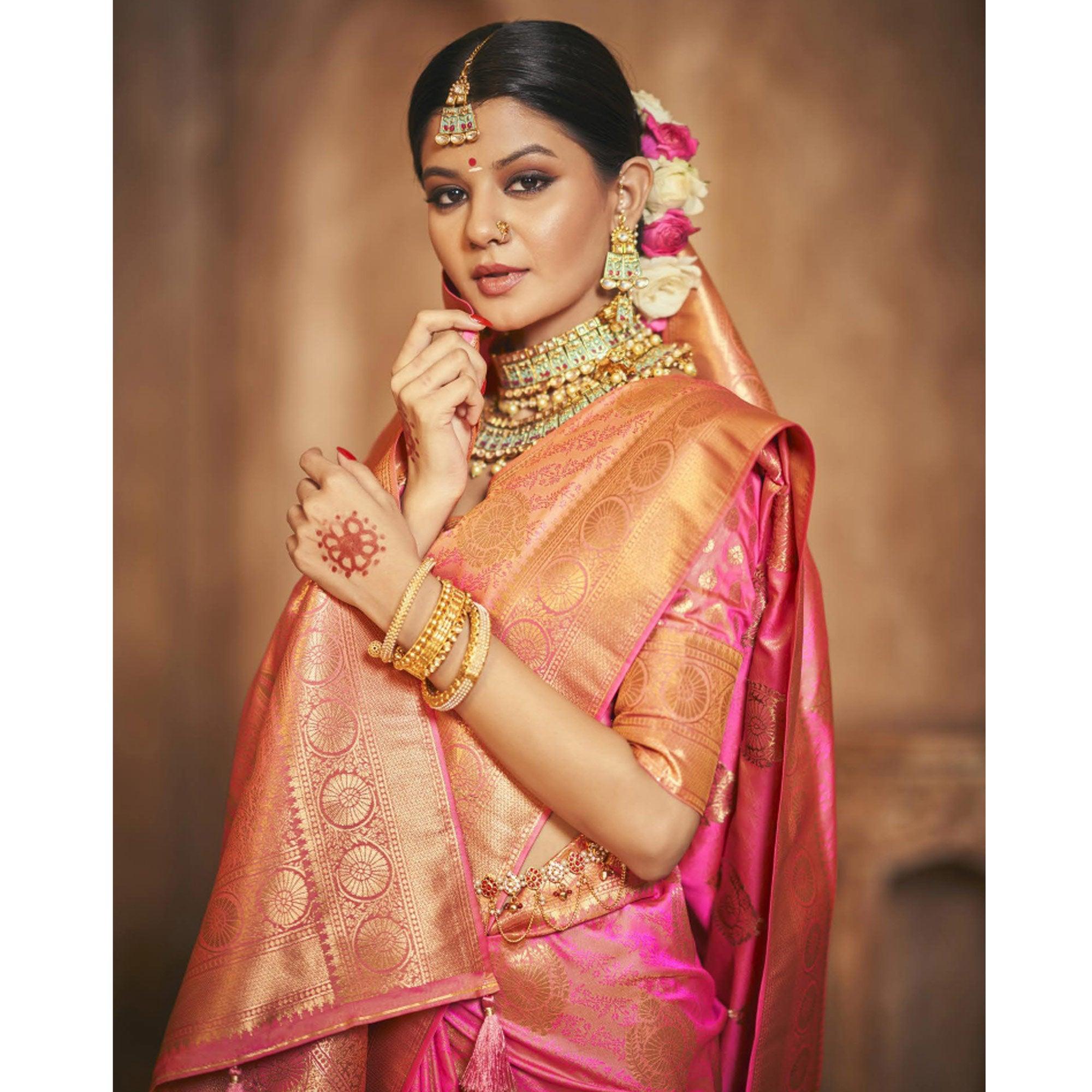 Pink Woven Silk Saree With Tassels - Peachmode