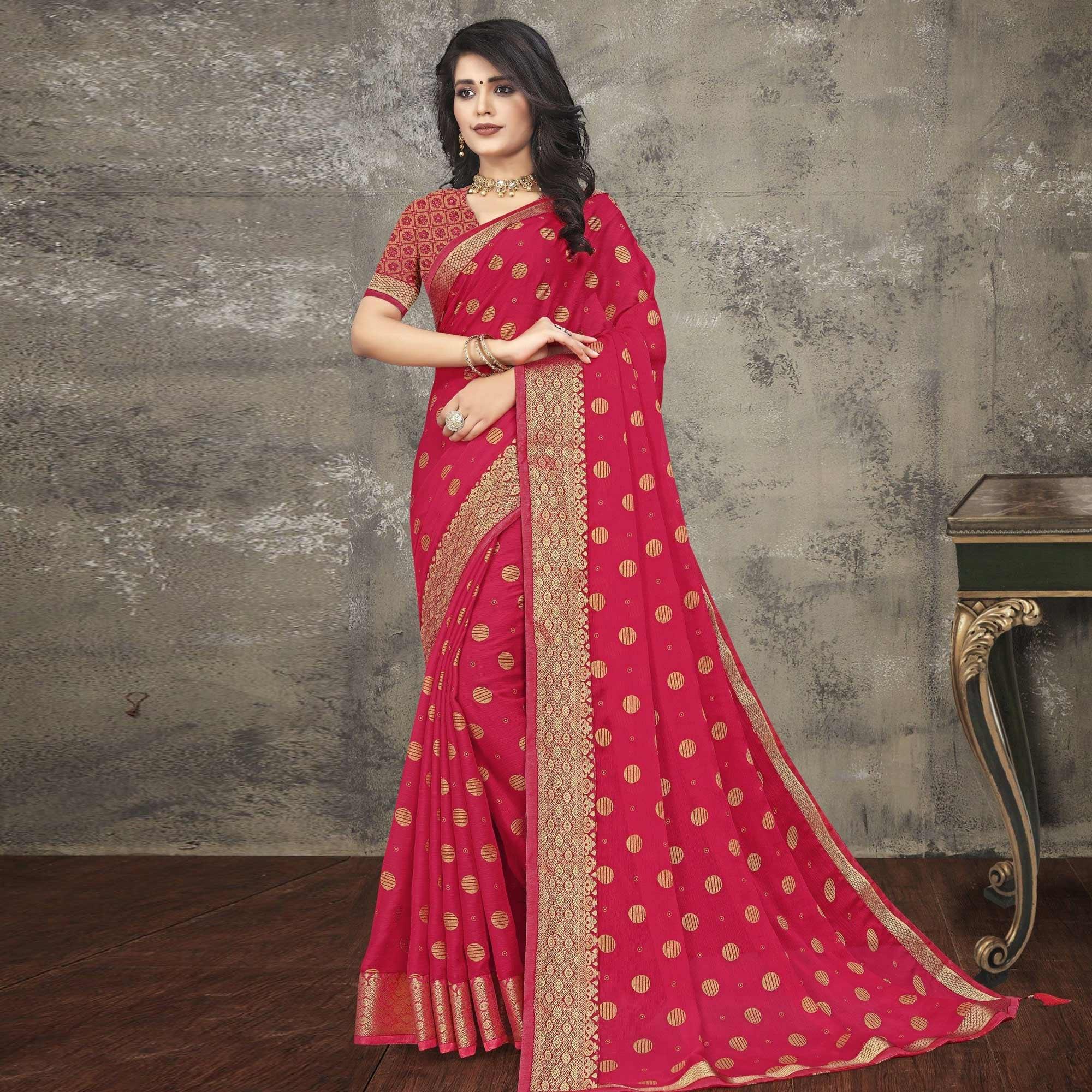Pink Woven Vichitra Silk Saree - Peachmode