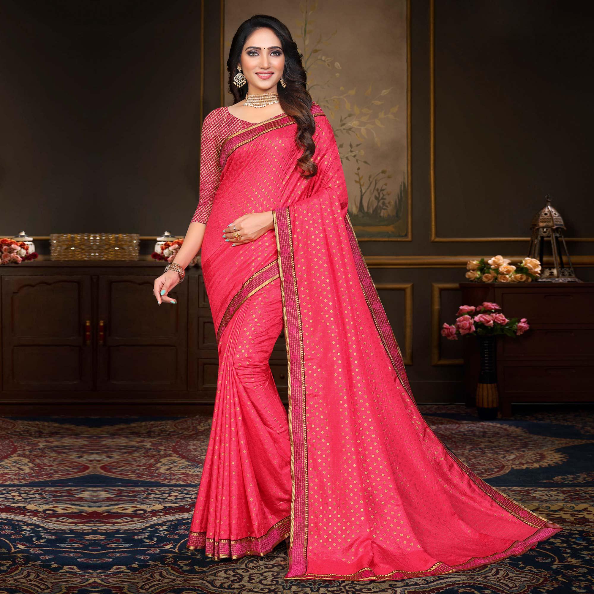 Pink Woven Vichitra Silk Saree - Peachmode