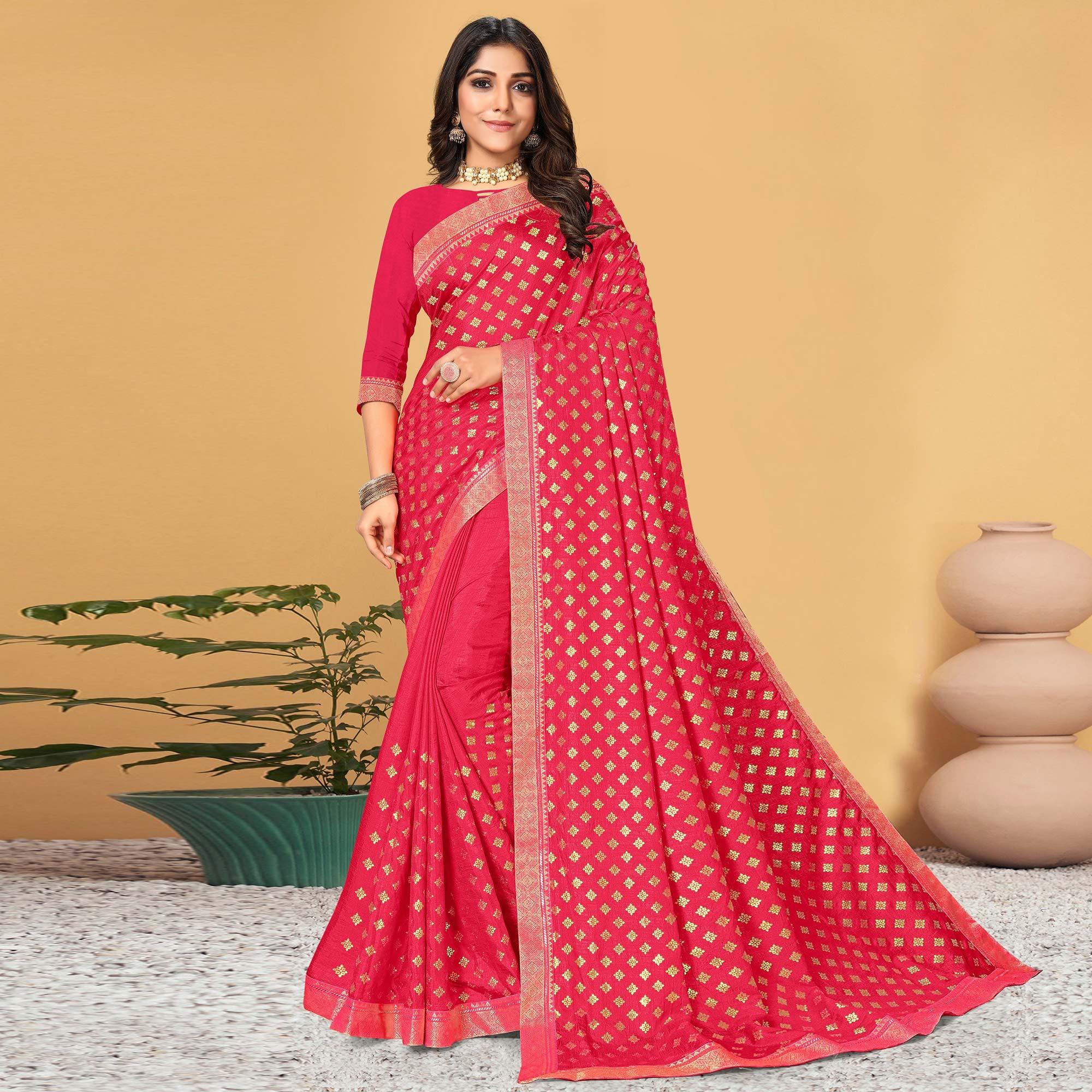 Pink Woven Vichitra Silk Saree - Peachmode