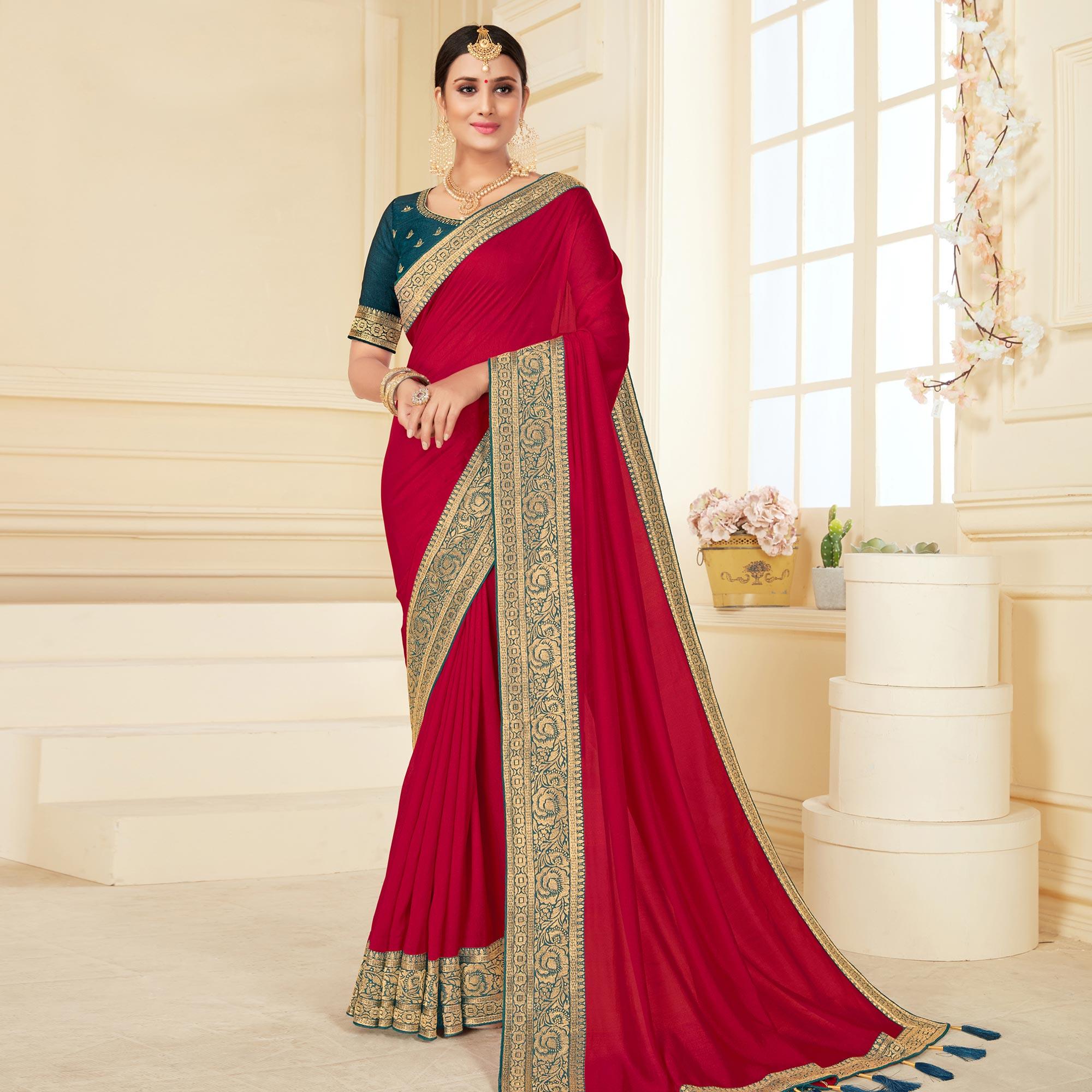 Pink Woven Vichitra Silk Saree - Peachmode
