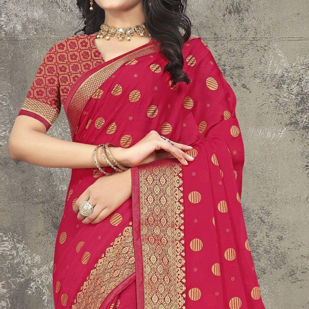 Pink Woven Vichitra Silk Saree - Peachmode