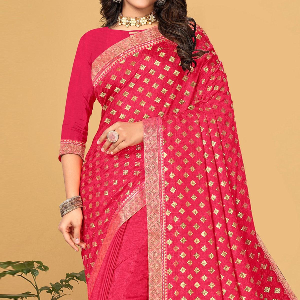 Pink Woven Vichitra Silk Saree - Peachmode