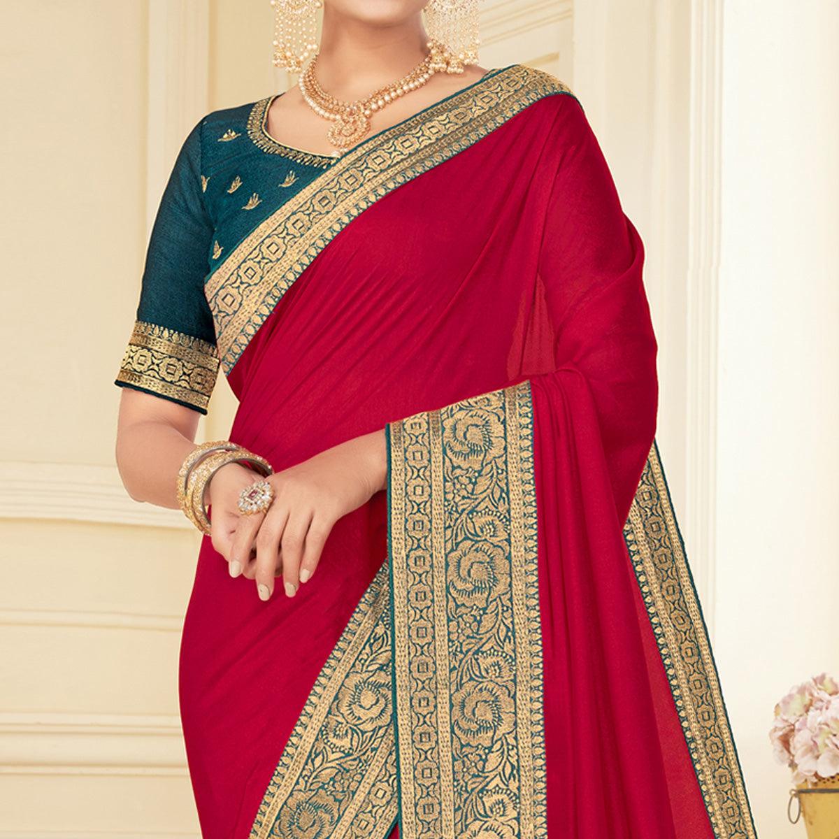 Pink Woven Vichitra Silk Saree - Peachmode