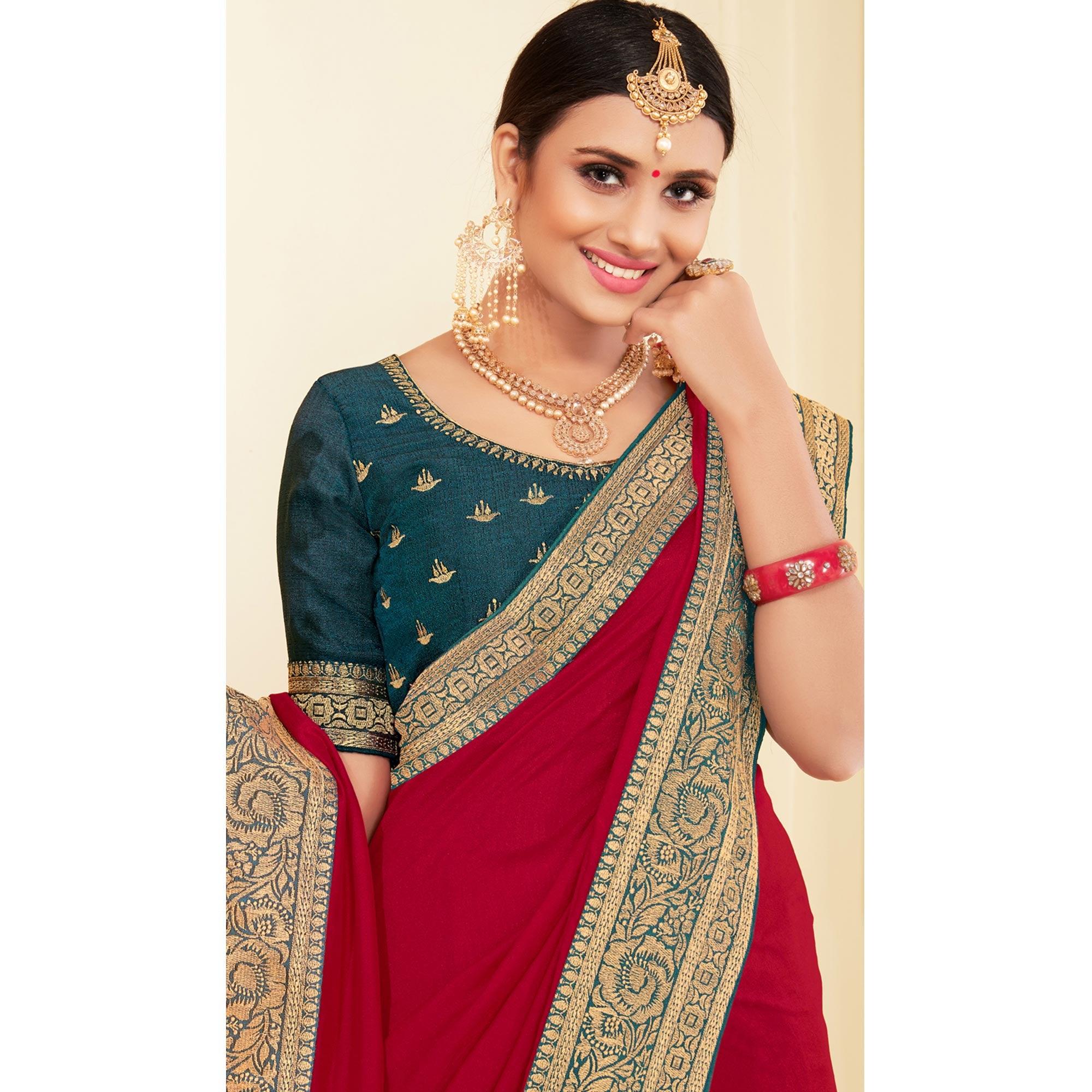 Pink Woven Vichitra Silk Saree - Peachmode